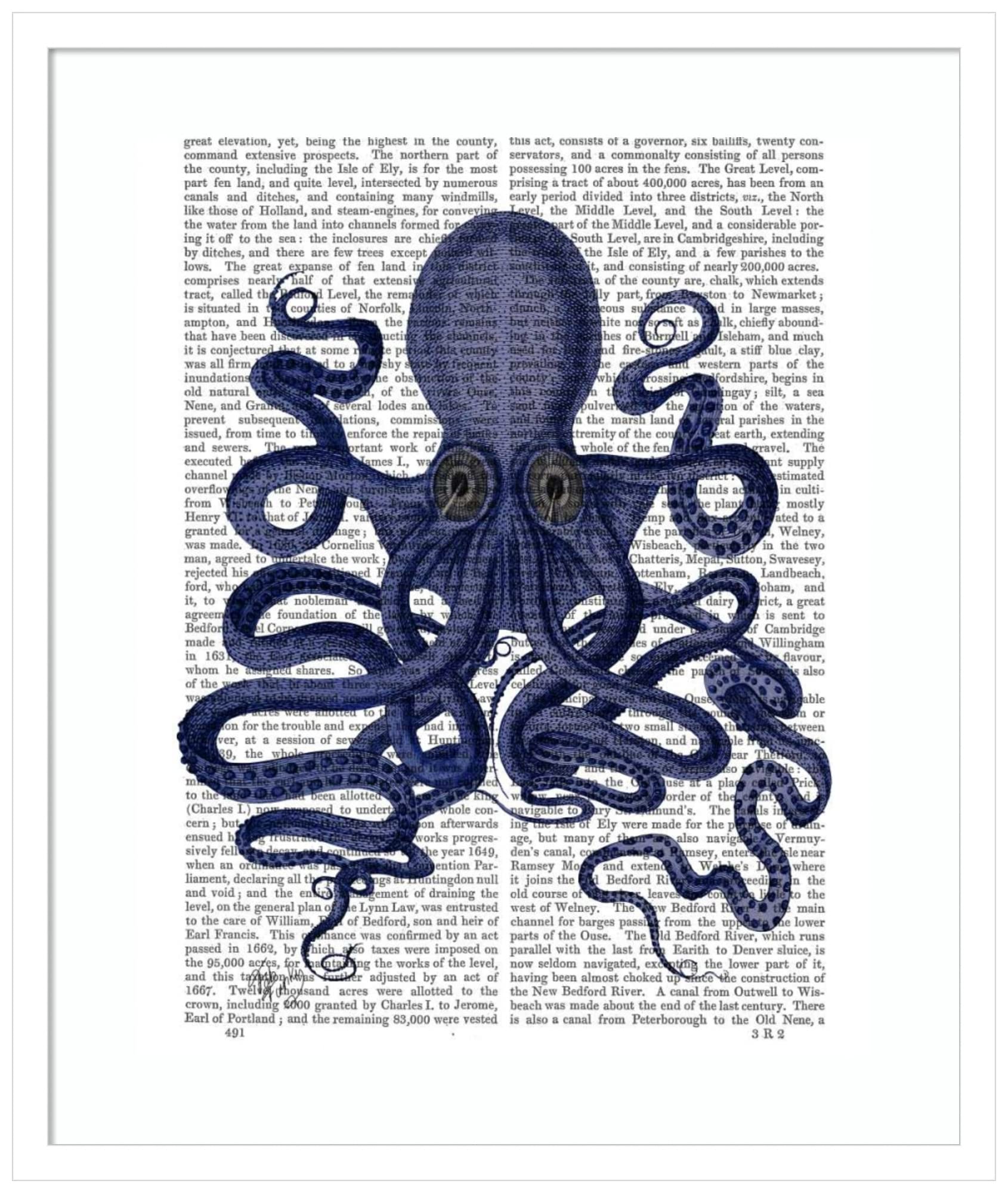Amanti Art Framed Octopus Wall Art Print - 25x21 Inch Blue Animal Painting by Fab Funky | Vintage Home Decor Poster for Living Room, Bedroom, Office | Perfect for Coastal, Nautical & Boho Interior Design Styles