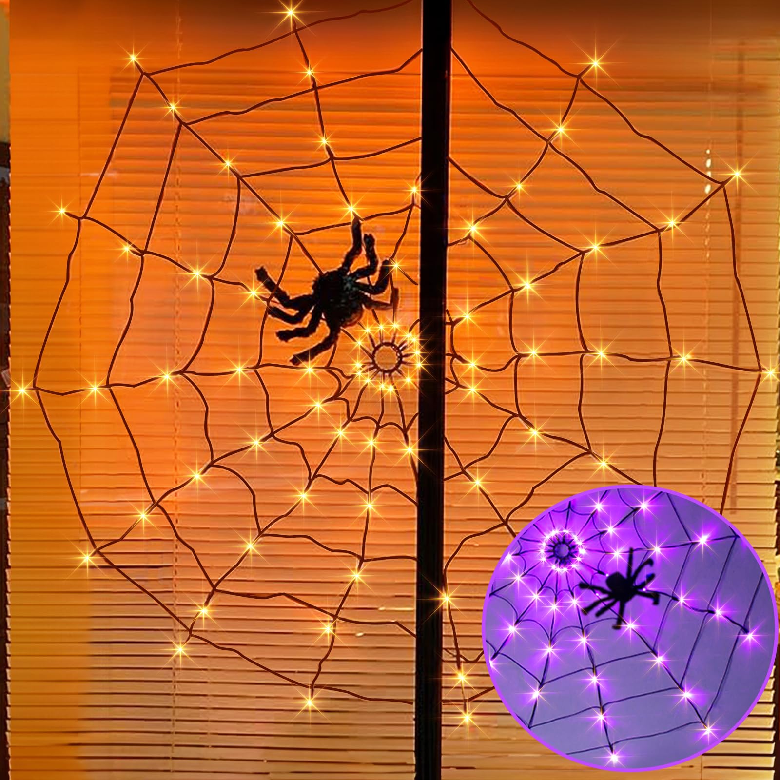 PABIPABI Halloween Spider Web Lights - 4FT Outdoor LED Web Decor with 84 Lights & 8 Lighting Modes - Orange & Purple Halloween Party Decorations for Yard, Haunted House, Bar, and Outdoor Halloween Displays