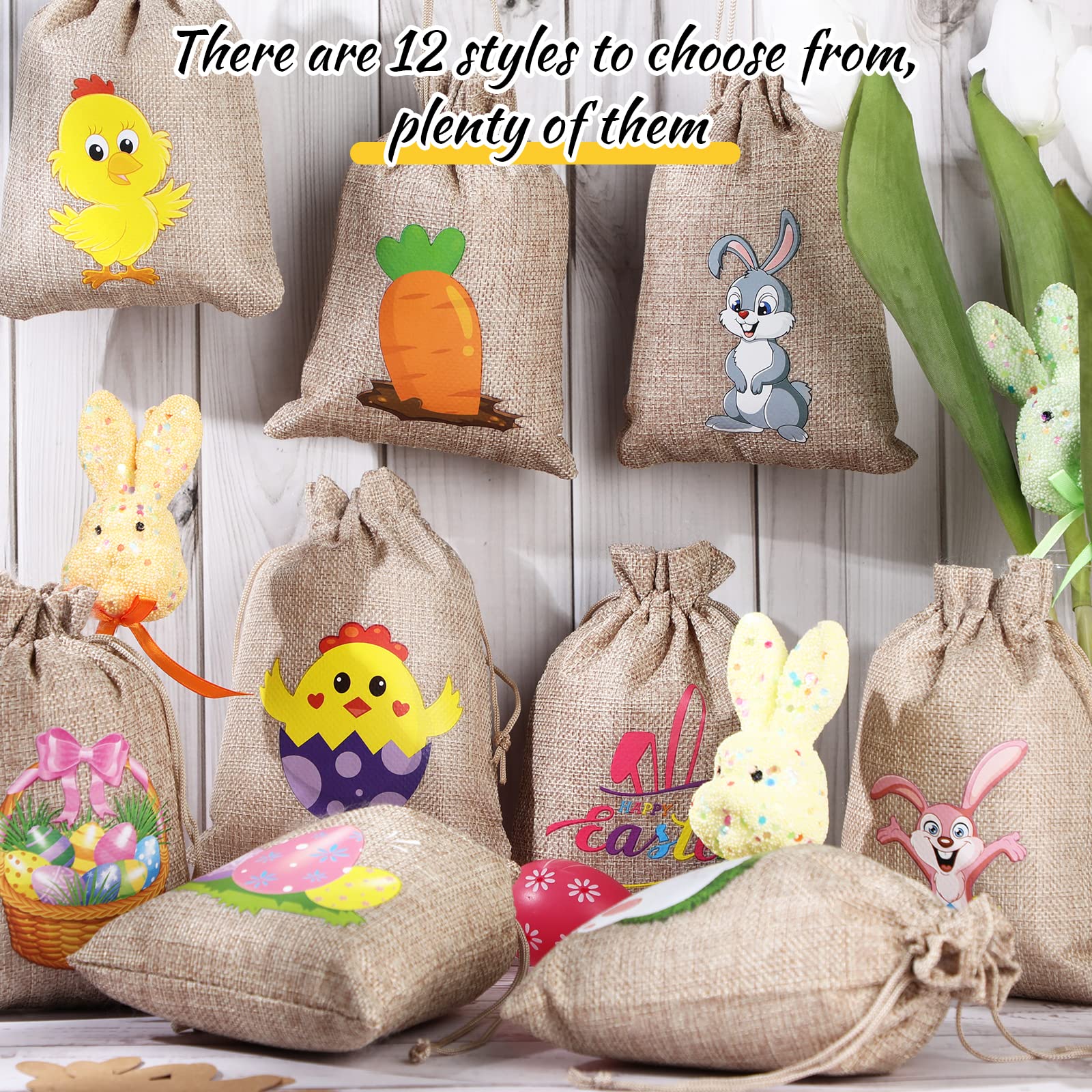 Shappy 24-Piece Easter Burlap Drawstring Gift Bags - Reusable Bunny Linen Favor Bags with Double Jute Strings - Classic Style Easter Party Favors, Egg Hunt Treats & Spring Decorations