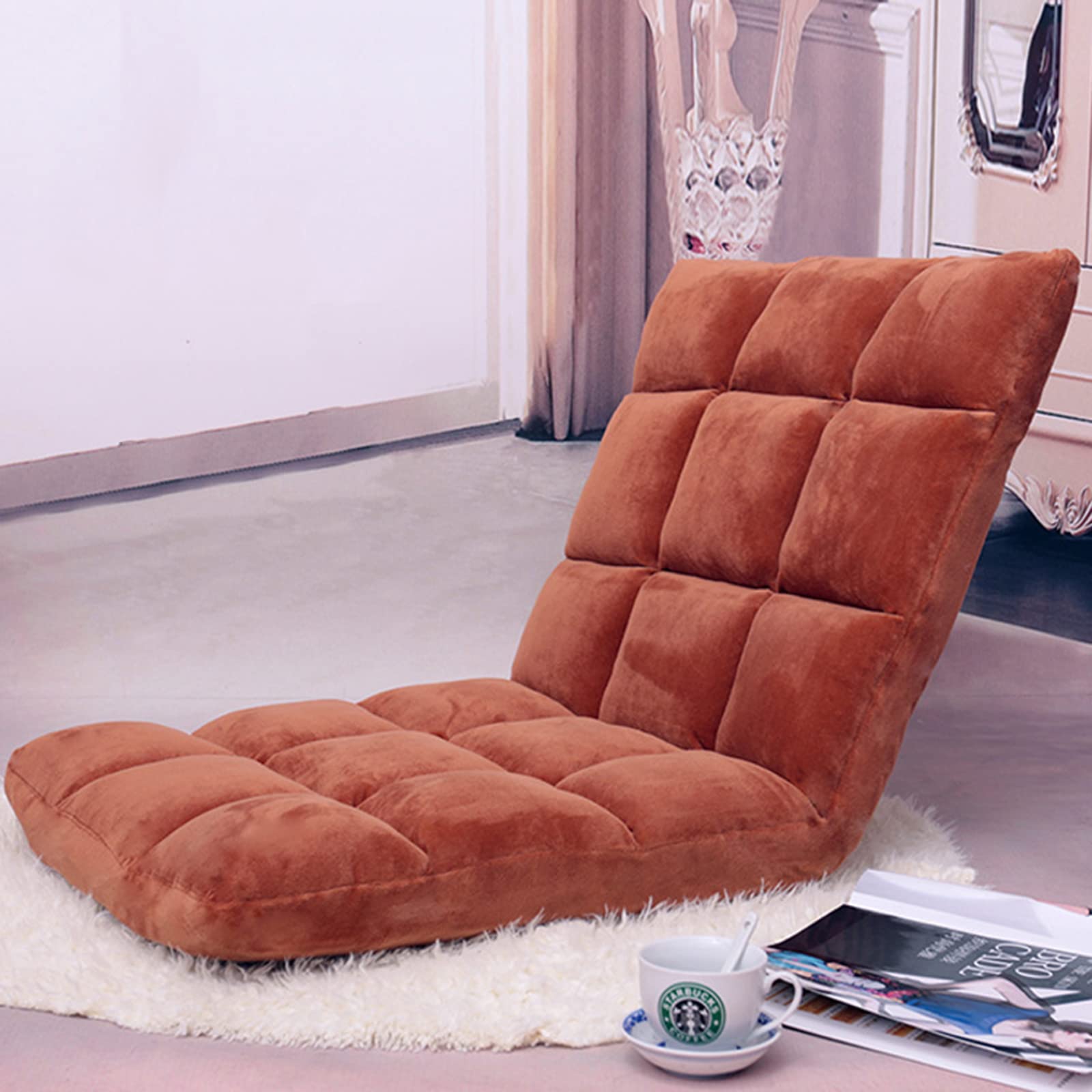 Oiakus Foldable Floor Sofa Chair - Adjustable Recliner with Soft Cushion, Single Small Lazy Couch for Gaming & Relaxation (Brown, 43.3 x 20.9 x 5.5 inches) - Perfect for Living Rooms, Bedrooms & Game Rooms