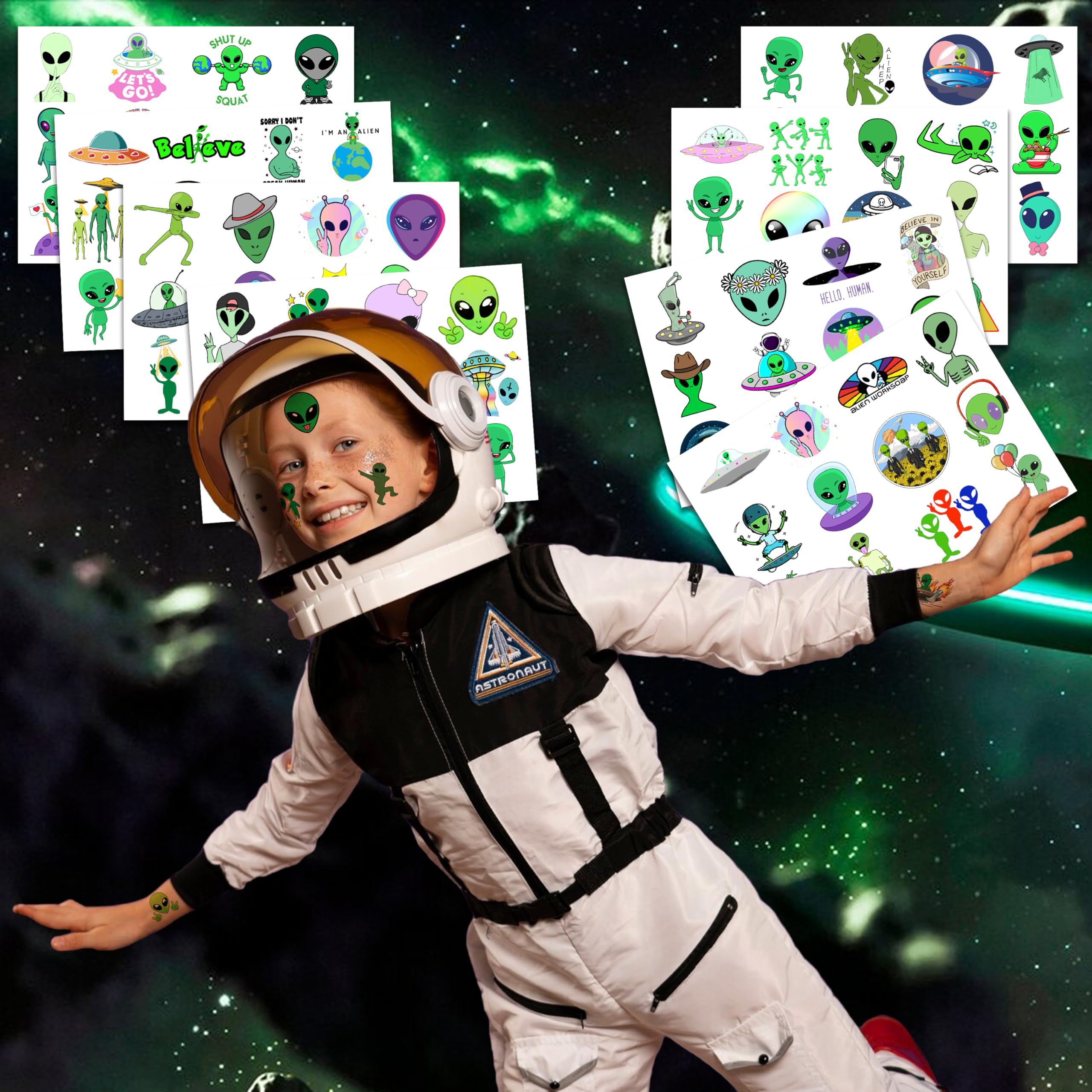 96PCS Alien Temporary Tattoos for Kids - Outer Space Themed Birthday Party Decorations, Classroom Rewards & School Prizes - Fun Stickers for Boys & Girls (8 Sheets) - Perfect for Space Parties, Halloween Costumes & Science Themed Events
