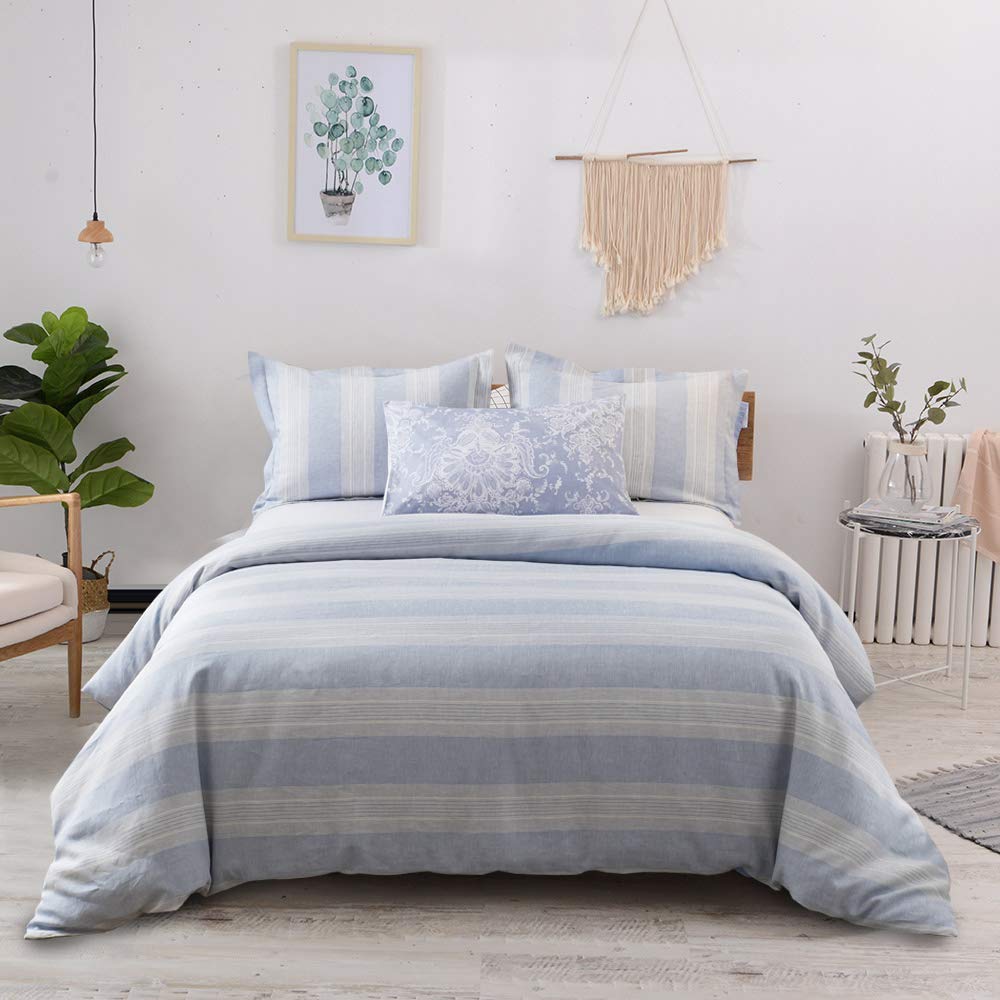 Premium 100% French Linen Duvet Cover Set Queen Size - Yarn Dyed Stripe Bedding 3pc (Duvet Cover + 2 Pillow Shams) - Breathable Luxury Blue Stripe Bedding for Master Bedroom & Guest Room