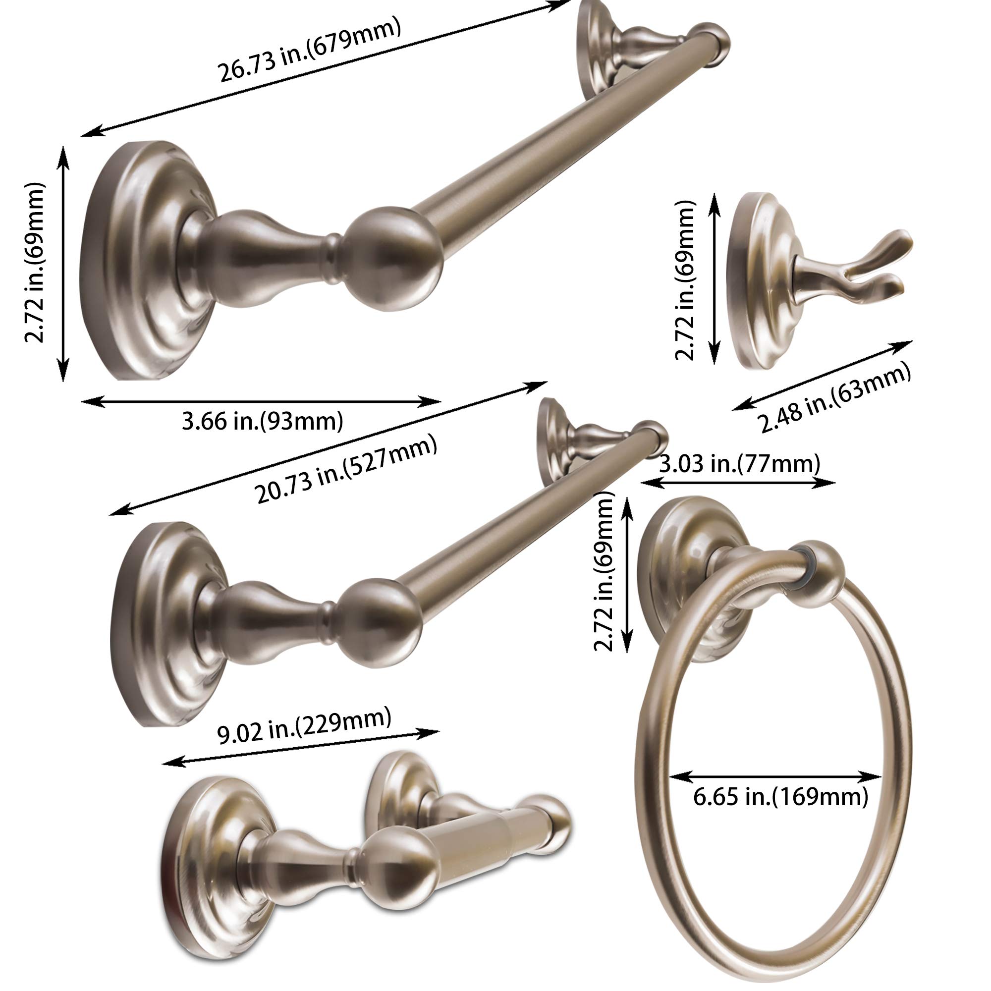 SENTO ROBIKI 5-Piece Satin Nickel Bathroom Accessories Set - Wall Mounted Robe Hook, Toilet Paper Holder, Towel Ring, 18