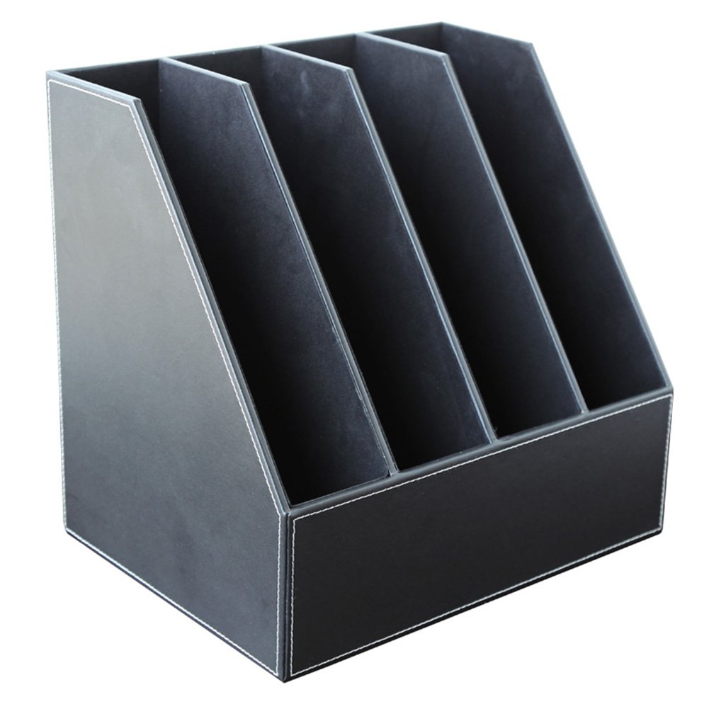 KINGFOM 4-Slot Wooden Leather Document File Holder - Desk Organizer for Office Paper Storage, Black - Perfect for Home Office, Study Desk & Professional Workspace Organization