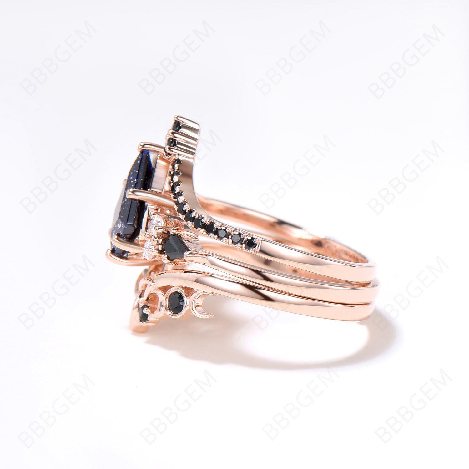 3pcs Kite Galaxy Blue Sandstone Engagement Ring Set - 14k Rose Gold Celtic Knot Black Diamond Bridal Jewelry - Unique Wedding Band for Women - Perfect for Proposals, Anniversaries & Romantic Occasions