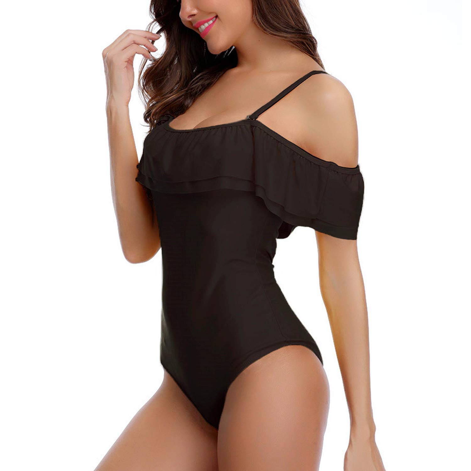TSWRK Women's Flounce Off Shoulder One Piece Swimsuit with Ruffles - Sexy Beach Bathing Suit for Summer Vacation, Pool Party & Tropical Getaway