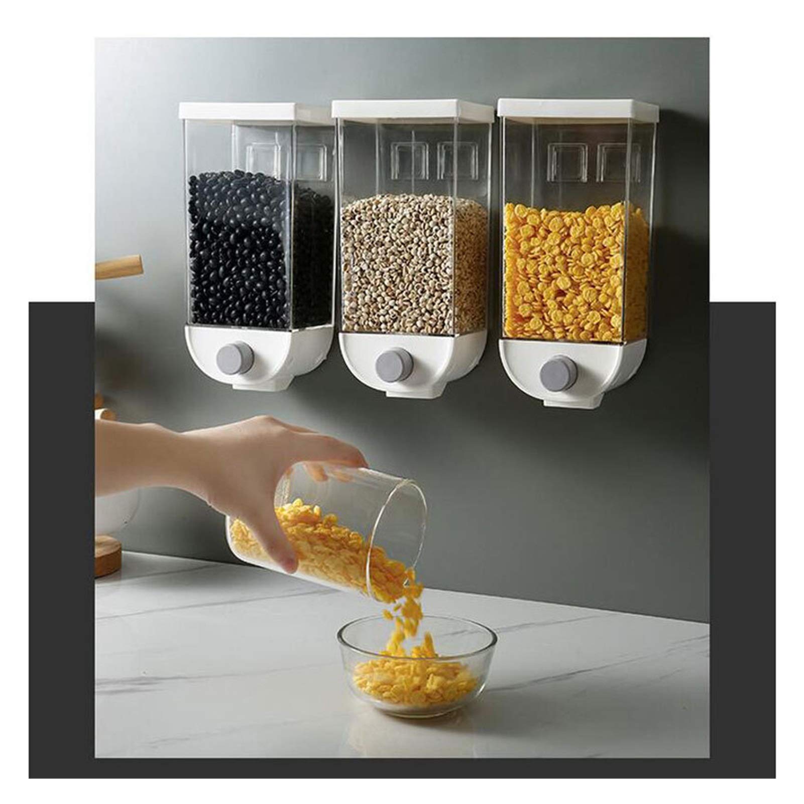 Wall Mounted Food Storage Container - 1000ml Press Dispenser for Grains, Dry Food & Pantry Organization | Space-Saving Kitchen Storage Solution for Rice, Cereal, Flour & Spices
