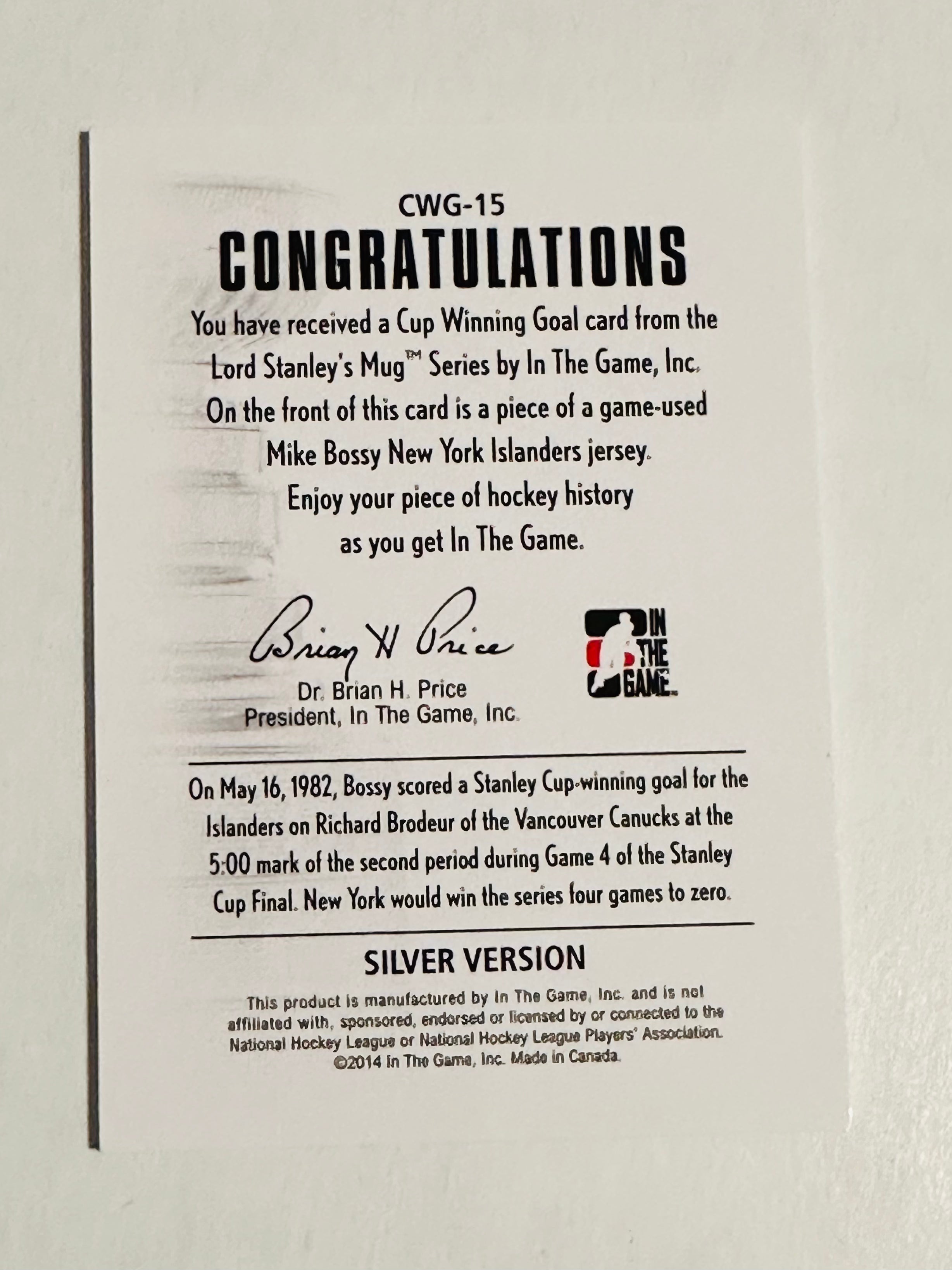 Mike Bossy Hockey Memorabilia - 2014 Winning Goal Insert Card - Collectible Sports Trading Card for NHL Fans & Hockey Enthusiasts - Perfect for Display, Gifts, and Sports Memorabilia Collections