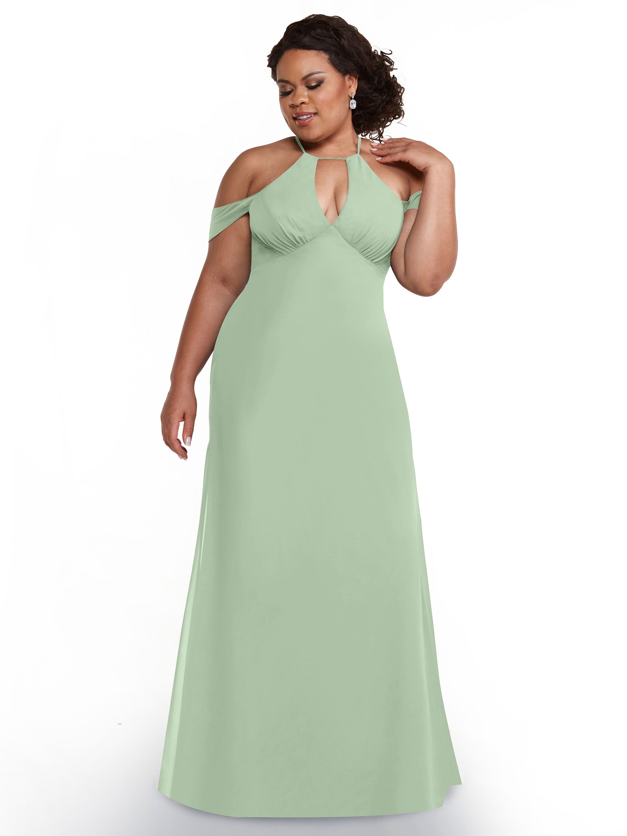 Elegant Off-The-Shoulder Chiffon Bridesmaid Dress with Halter Neckline - Perfect for Weddings, Prom & Formal Events | Style 80148