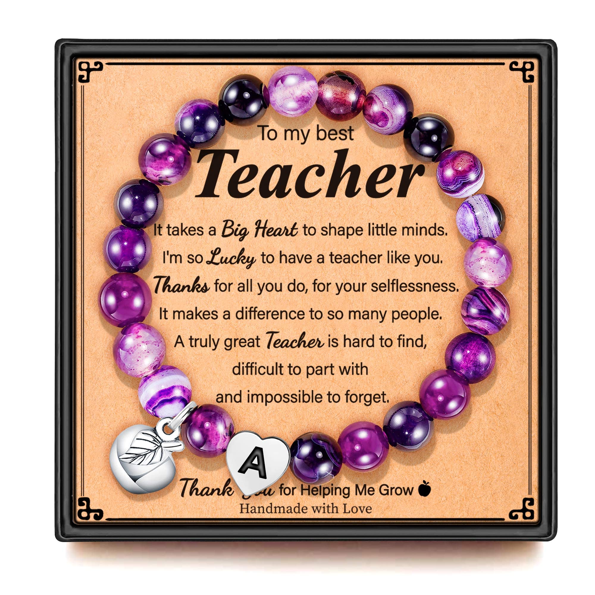 Natural Stone Apple & Heart Initial Bracelet for Teachers - Personalized Graduation & Appreciation Gift for Women Educators - Perfect Teacher Gift from Students for Classroom & Special Occasions