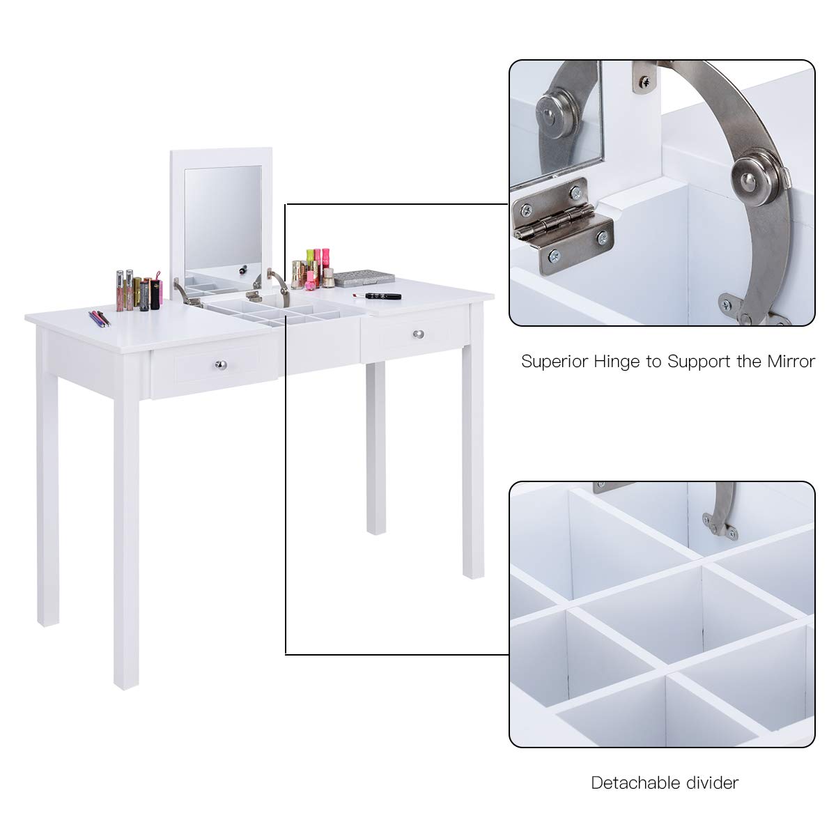 GOFLAME Vanity Table with Flip Top Mirror & 9 Organizers - Makeup Dressing Table with 2 Drawers for Cosmetics Storage - Sturdy White Writing Desk for Bedroom - Easy Assembly Beauty Station for Makeup Lovers & Home Office Use