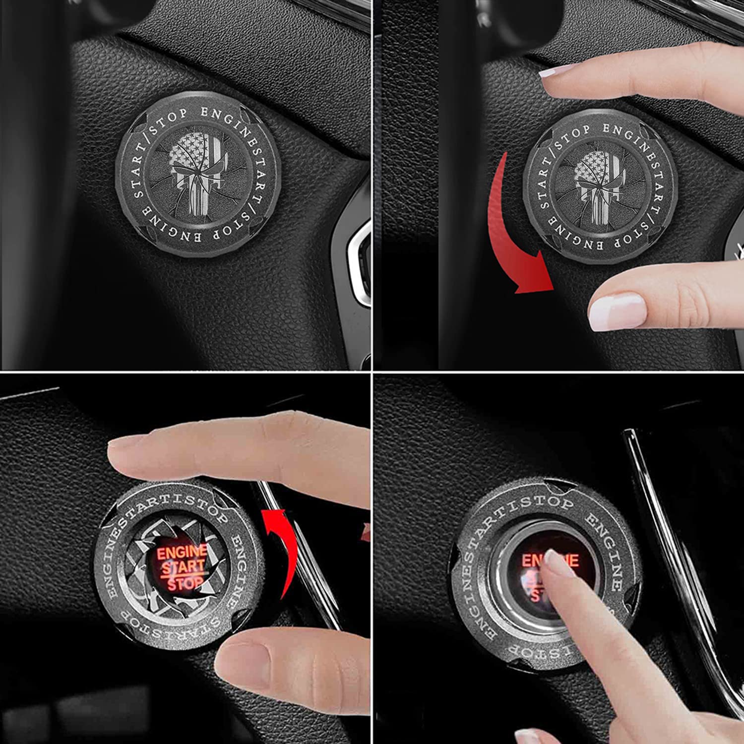 USA Flag Car Push Start Button Cover - Rotary Engine Start Stop Button Protector - American Skull Design Interior Accessory for Cars, Trucks & SUVs | Perfect for Patriotic Drivers & Car Enthusiasts