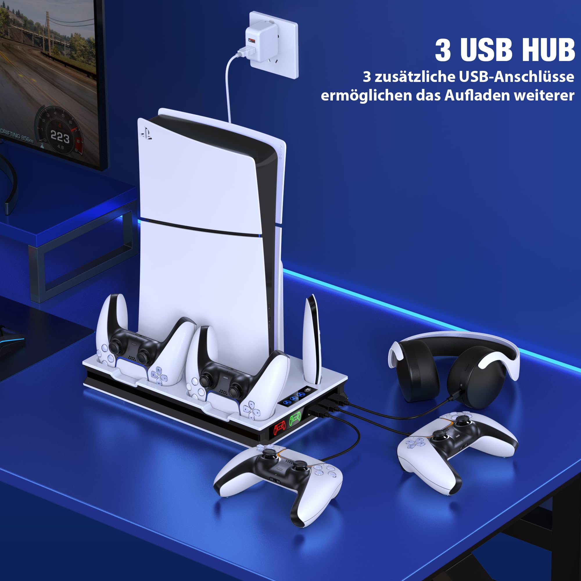 ALEEMTRY PS5 Stand for PS5 Slim - 3-Speed Cooling Fan, Dual Controller Charger, Headset Hook & 4 USB-C Ports - Gaming Accessory for PS5 Slim Disc & Digital Edition - Perfect for Gaming Setups & Entertainment Centers