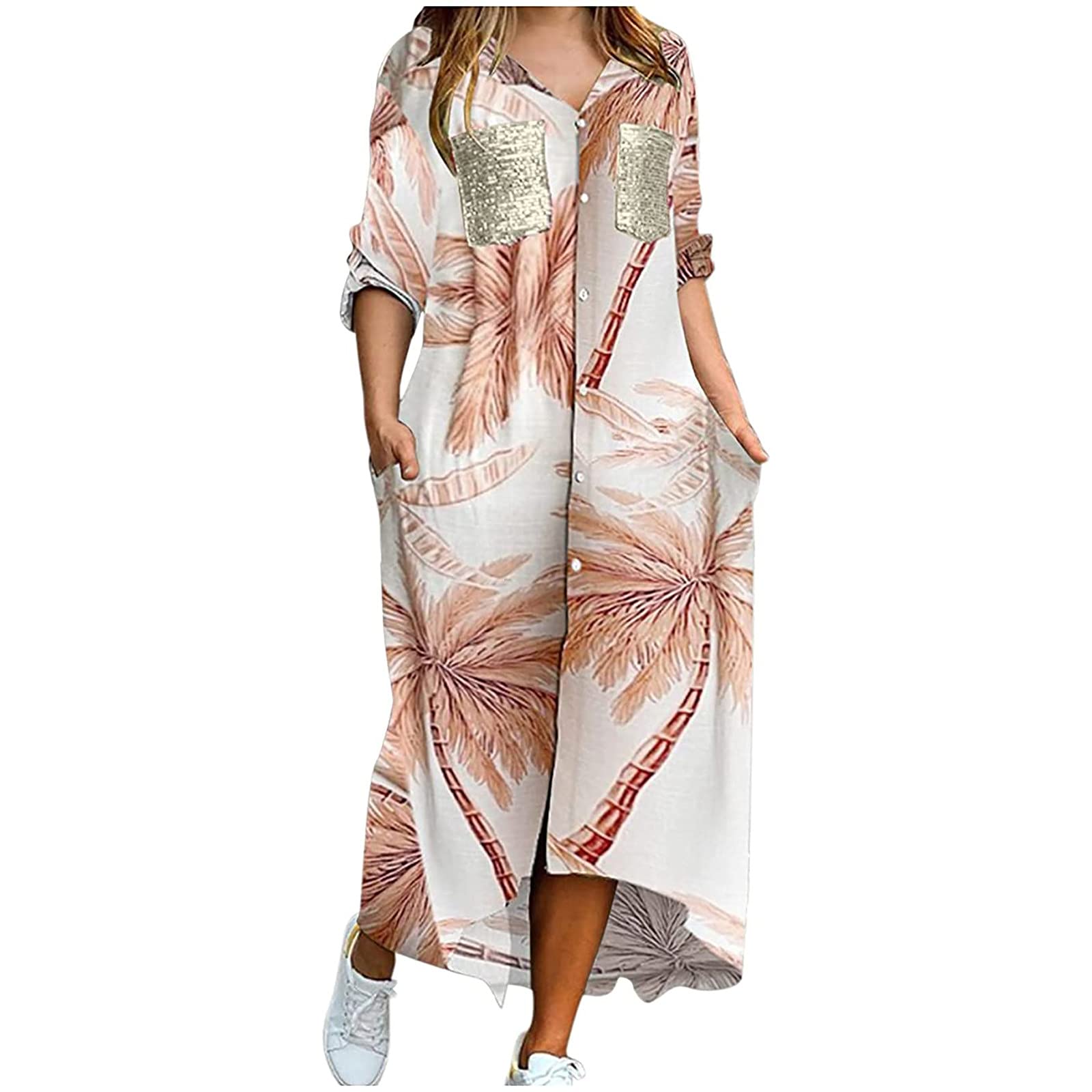 Plus Size Women's Dresses 2024 - Casual Button Down Shirt Dress with Long Sleeves, O-Neck & Pockets | Trendy Color Options for Work, Date Night & Everyday Wear | Most Wished For Choice1067