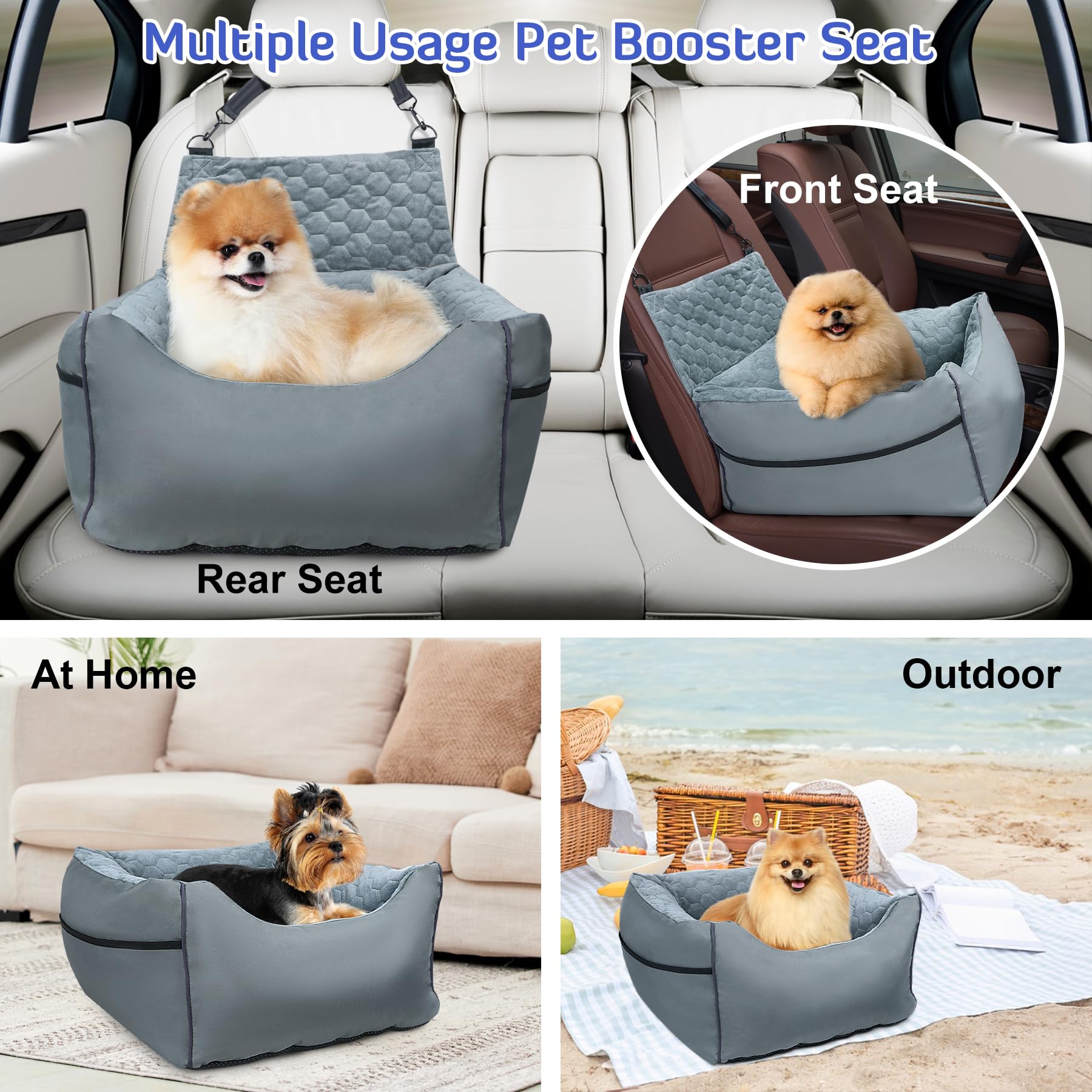 INFANZIA Washable Foam Dog Car Booster Seat for Small & Medium Dogs Under 30Lbs - Detachable Pet Car Seat with Storage Pockets, Soft Elevated Dog Bed for Front & Back Seats (20IN, Grey) - Perfect for Road Trips, Vet Visits & Daily Commutes