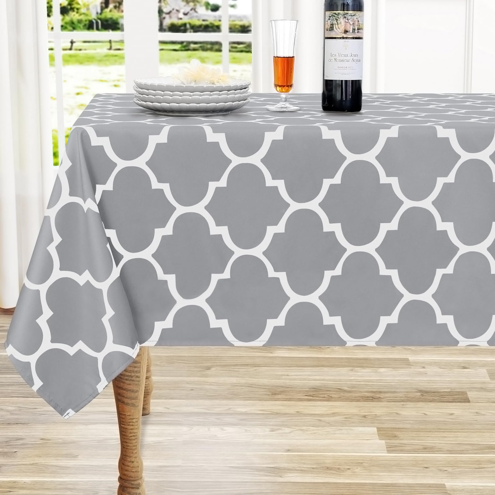 Premium Waterproof Stain-Resistant Rectangle Tablecloth - Moroccan Polyester Dining Table Cover for Indoor & Outdoor Use (Light Grey/White, 60x84 Inches) - Perfect for Parties, Picnics, and Everyday Dining