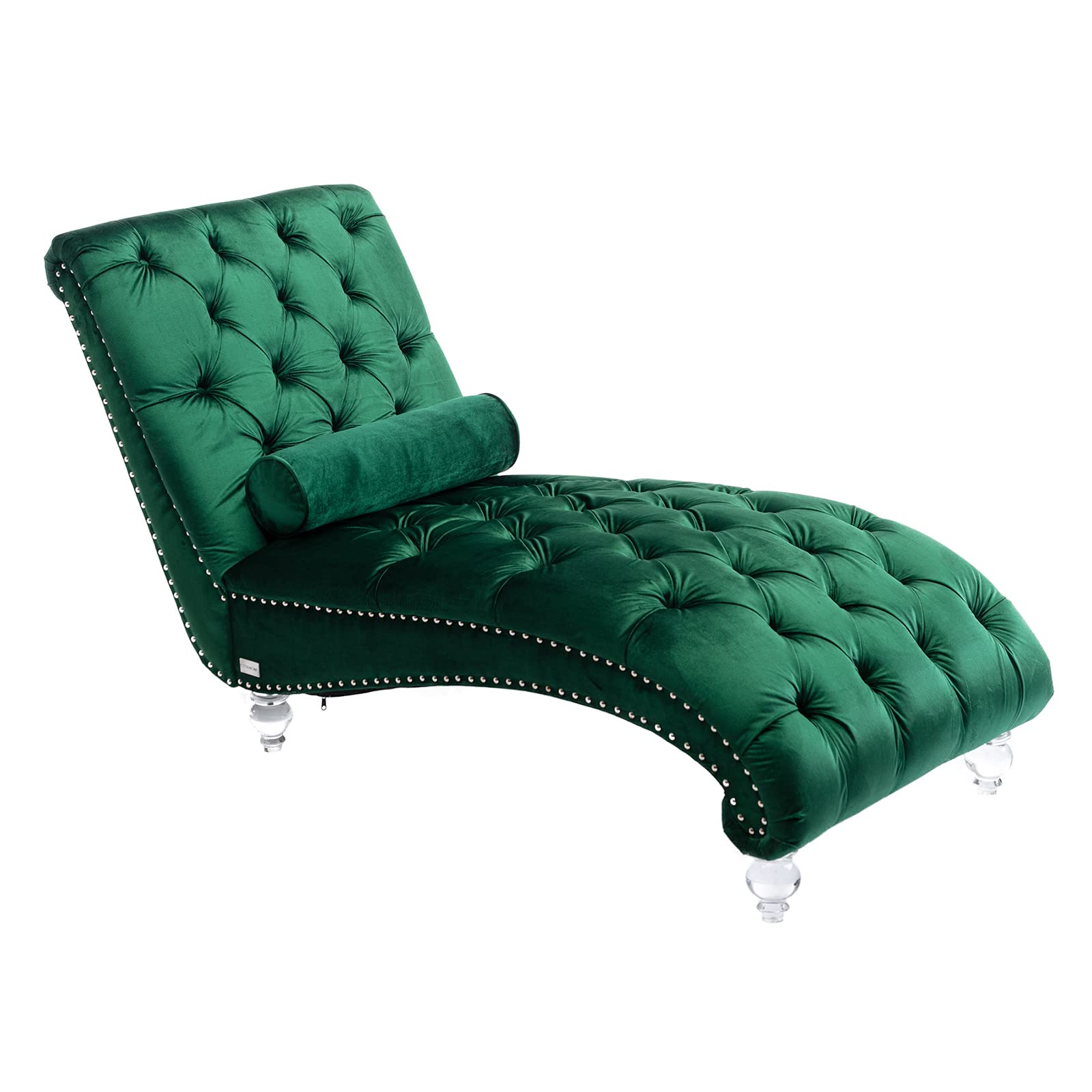 Velvet Chaise Lounge Chair with Tufted Buttons & Toss Pillow - Upholstered Modern Sofa with Acrylic Feet for Living Room, Bedroom, Office - Emerald Green Lounge Chair for Relaxing, Reading & Napping