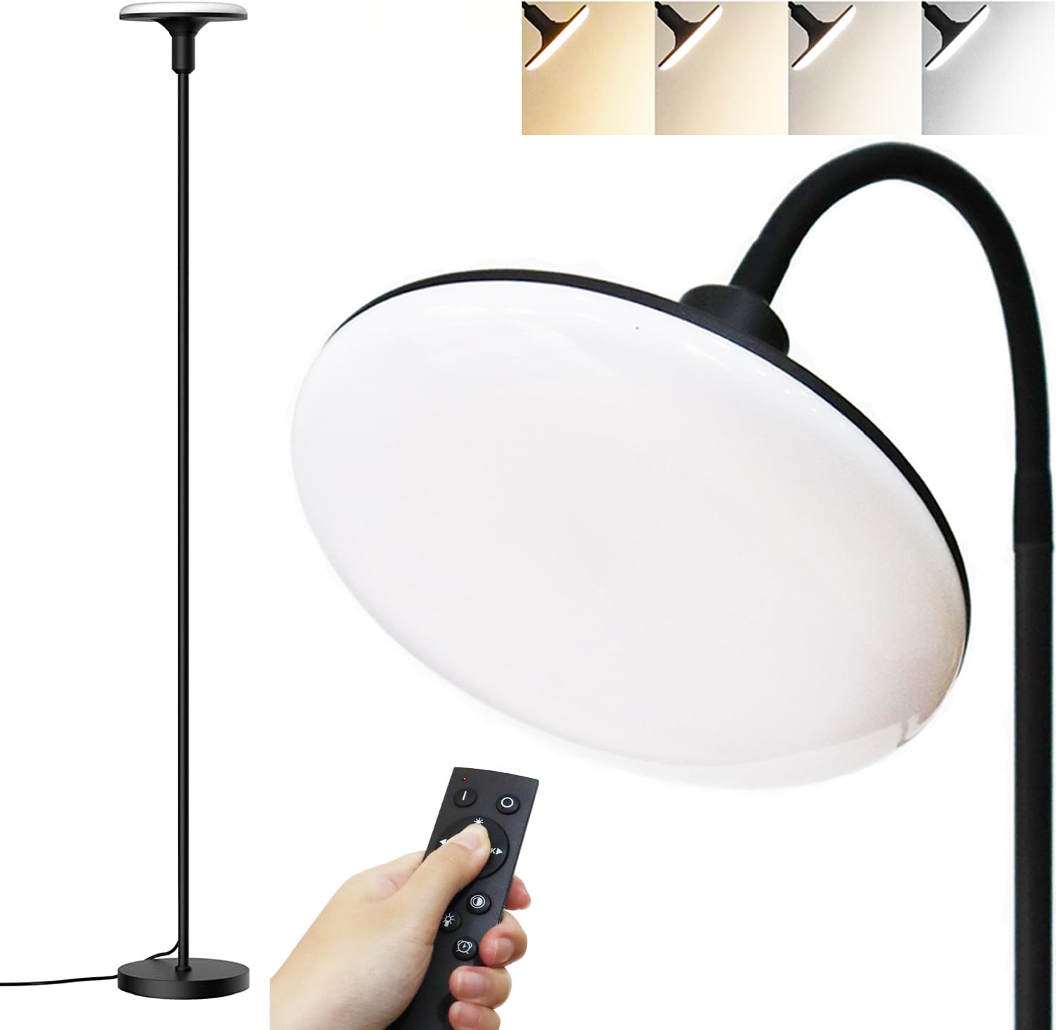 Bright Sky LED Torchiere Floor Lamp with Adjustable Gooseneck & Remote Control - Dimmable Modern Standing Light for Living Room, Bedroom, Office - Perfect for Reading, Relaxing & Ambient Lighting