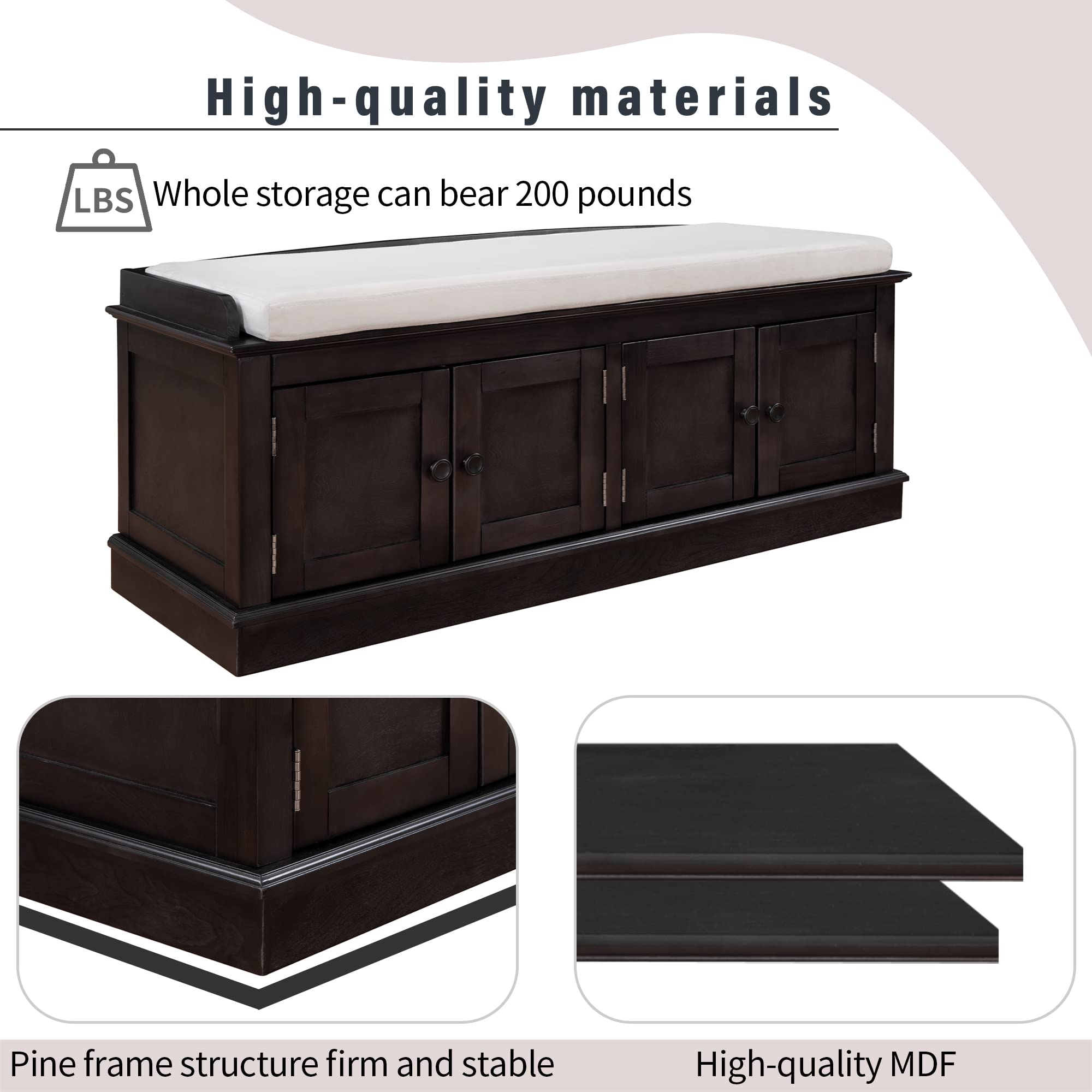 Harper & Bright Designs Storage Bench with Removable Cushion, 4 Doors & Adjustable Shelves - Entryway Shoe Bench for Living Room, Hallway, Bedroom - Espresso Finish for Home Organization & Decor
