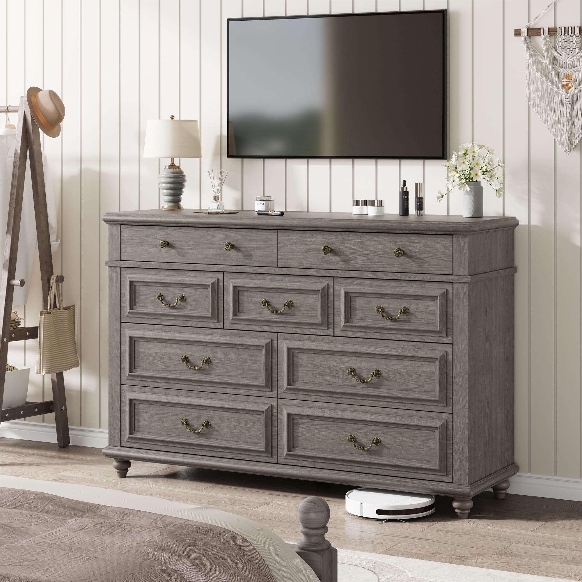 Farmhouse 9-Drawer Dresser with Deep Storage - Large Grey Wooden Chest of Drawers for Bedroom, Living Room & Hallway | Perfect for Organizing Clothes, Linens & Home Decor (Grey, 9-Drawer)