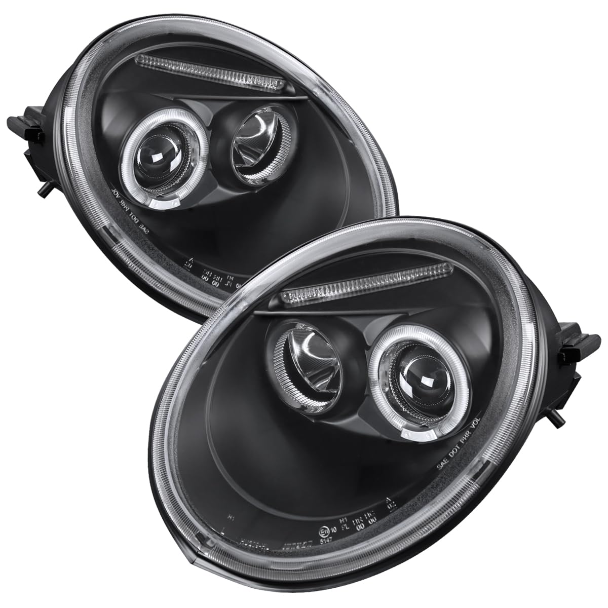 VW Beetle 98-05 Halo Projector LED Headlights - Black Pair for Enhanced Night Driving & Style Upgrade