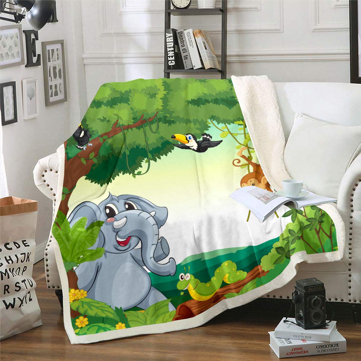 Cute Monkey Fleece Blanket for Kids - Cartoon Animal Print Sherpa Throw Blanket with Elephant, Caterpillar & Birds Design - Soft Plush Blanket for Boys & Girls - Nature Themed Bedding for Queen Size Beds - Perfect for Nursery Decor, Cozy Naps & Family Movie Nights