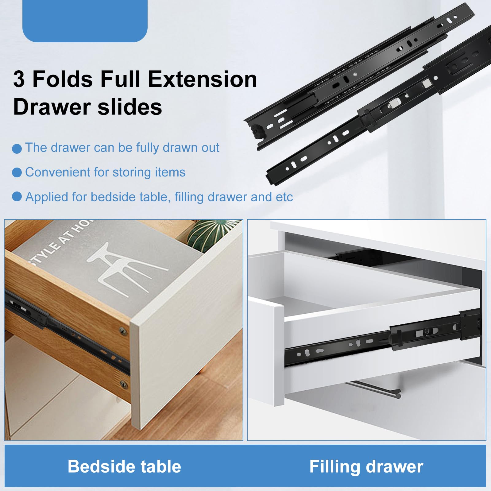 10 Inch Full Extension Ball Bearing Drawer Slides - 1 Pair (2pcs) Heavy Duty Side Mount Cabinet Runners - 100LB Capacity Black Metal Glides for Kitchen Cabinets, Wardrobes, File Cabinets & Trash Cans - Perfect for Smooth Sliding Storage Solutions