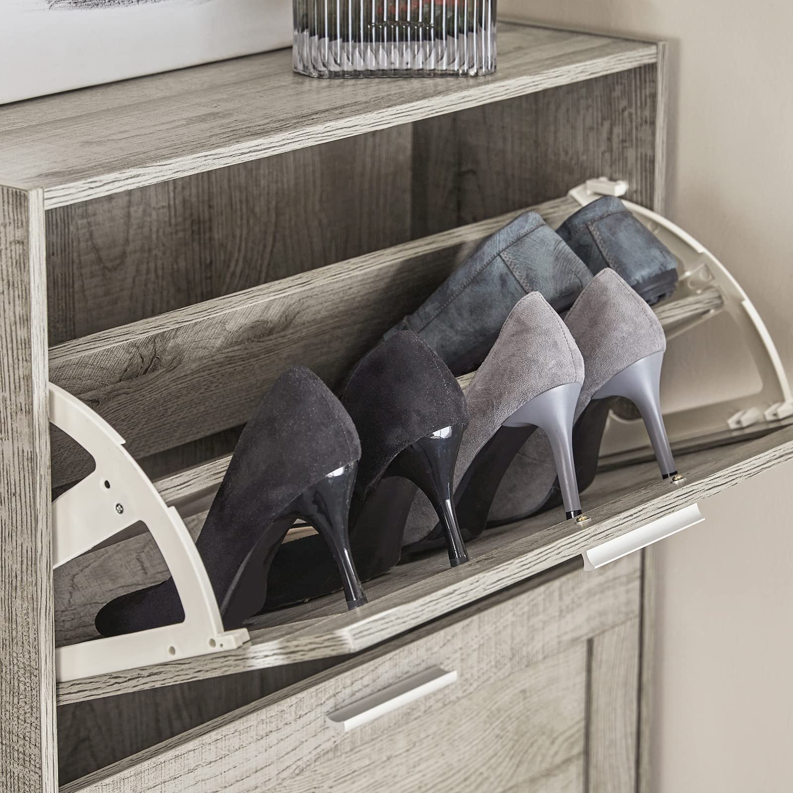 Haotian Slim Shoe Cabinet - Space Saving Entryway Shoe Rack Organizer with 4 Tiers, Grey (FSR137-HG) - Perfect for Small Apartments, Hallways & Closet Storage Solutions