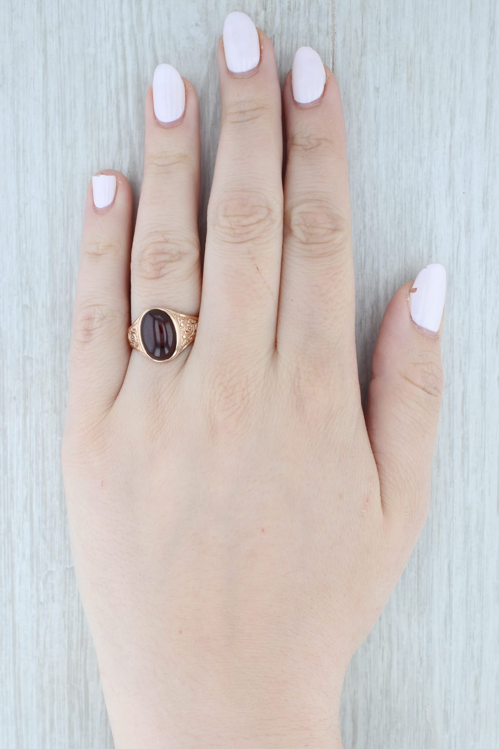 Antique 10k Rose Gold Garnet Ring - Hand Engraved Ornate Oval Cabochon Solitaire Jewelry for Women | Vintage Style Engagement, Wedding, Anniversary Gift