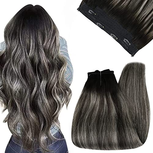 YoungSee 12 Inch Invisible Wire Hair Extensions - Balayage Black to Silver Gray Ombre (80g) | Clip-in Human Hair Extensions for Volume & Length | Perfect for Parties, Weddings & Daily Styling