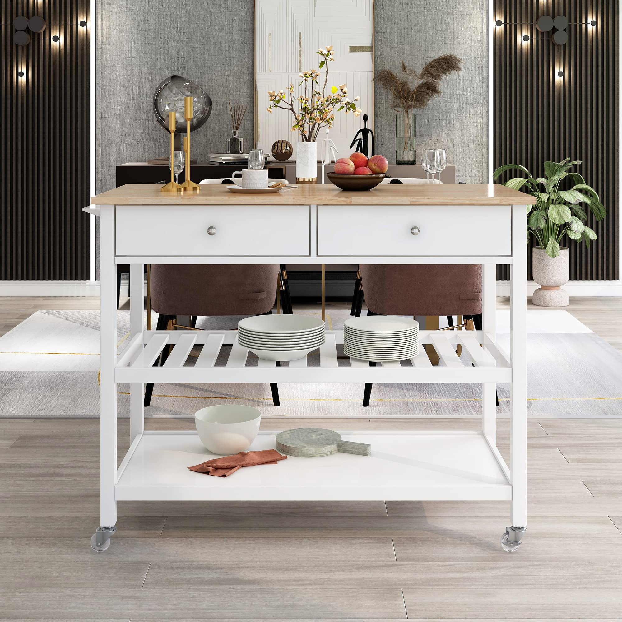 HomVent Kitchen Island Cart with Wheels - 2 Storage Drawers & Shelves, Bamboo Wood Frame - Portable Rolling Microwave Stand for Small Spaces - Perfect for Kitchen Organization, Dining Prep & Extra Counter Space (Style 2)