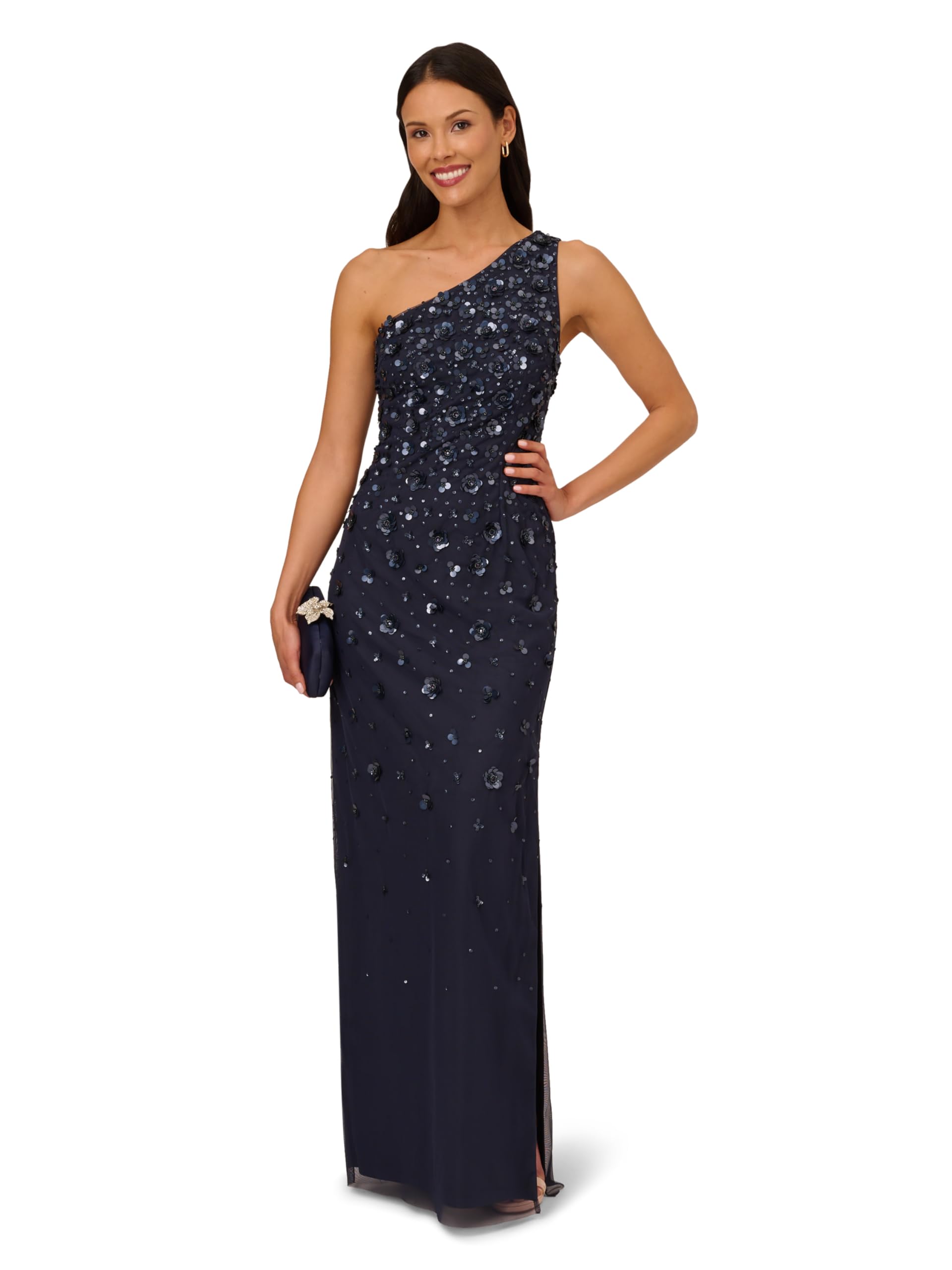Adrianna Papell Women's One Shoulder Beaded Evening Gown in Dusty Navy - Perfect for Prom, Black Tie Events & Formal Occasions