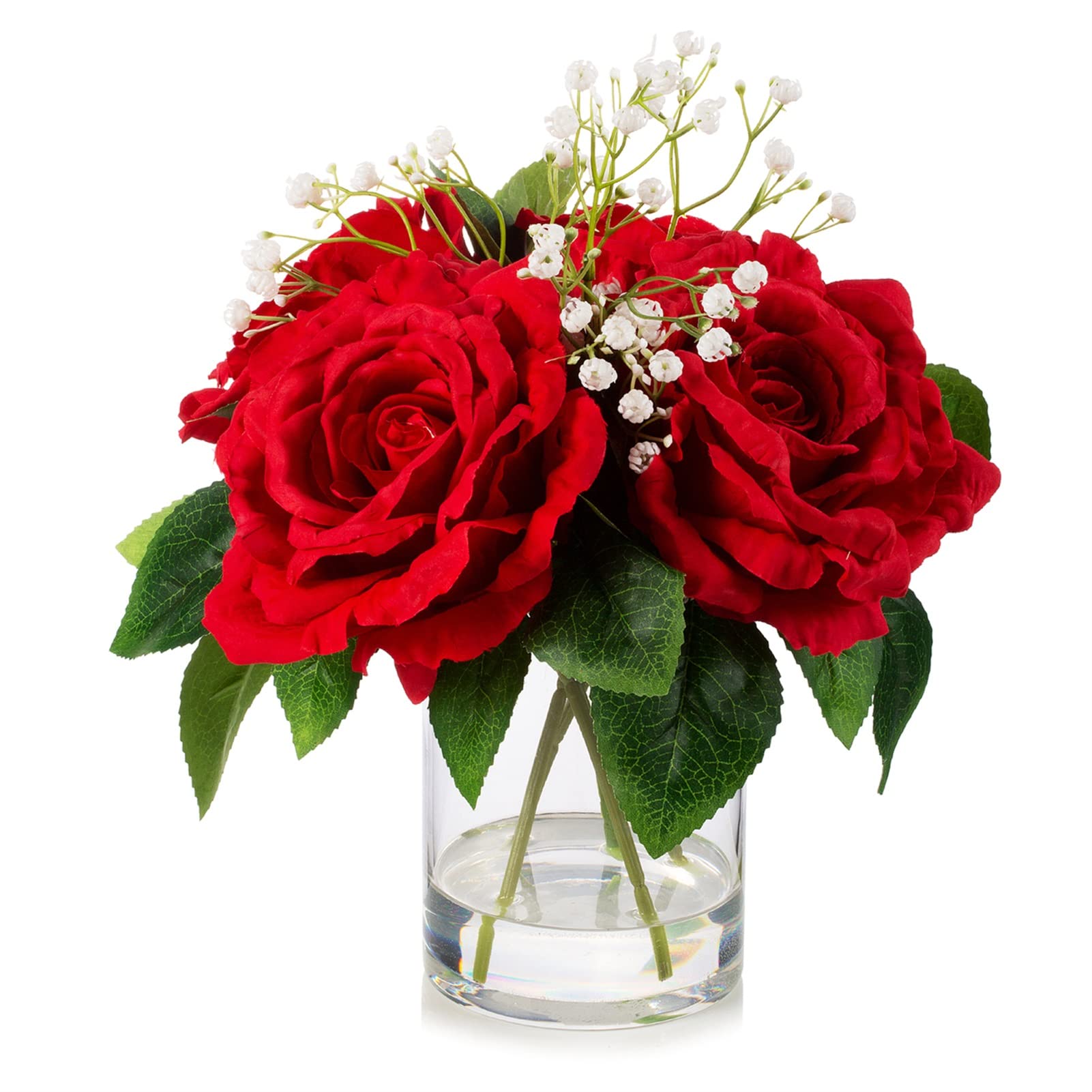 ENOVA FLORAL 4-Heads Large Silk Rose Artificial Flowers in Vase - Realistic Red Fake Roses with Faux Water for Wedding, Home, Office & Event Decor - Perfect for Centerpieces, Table Settings & Romantic Ambiance