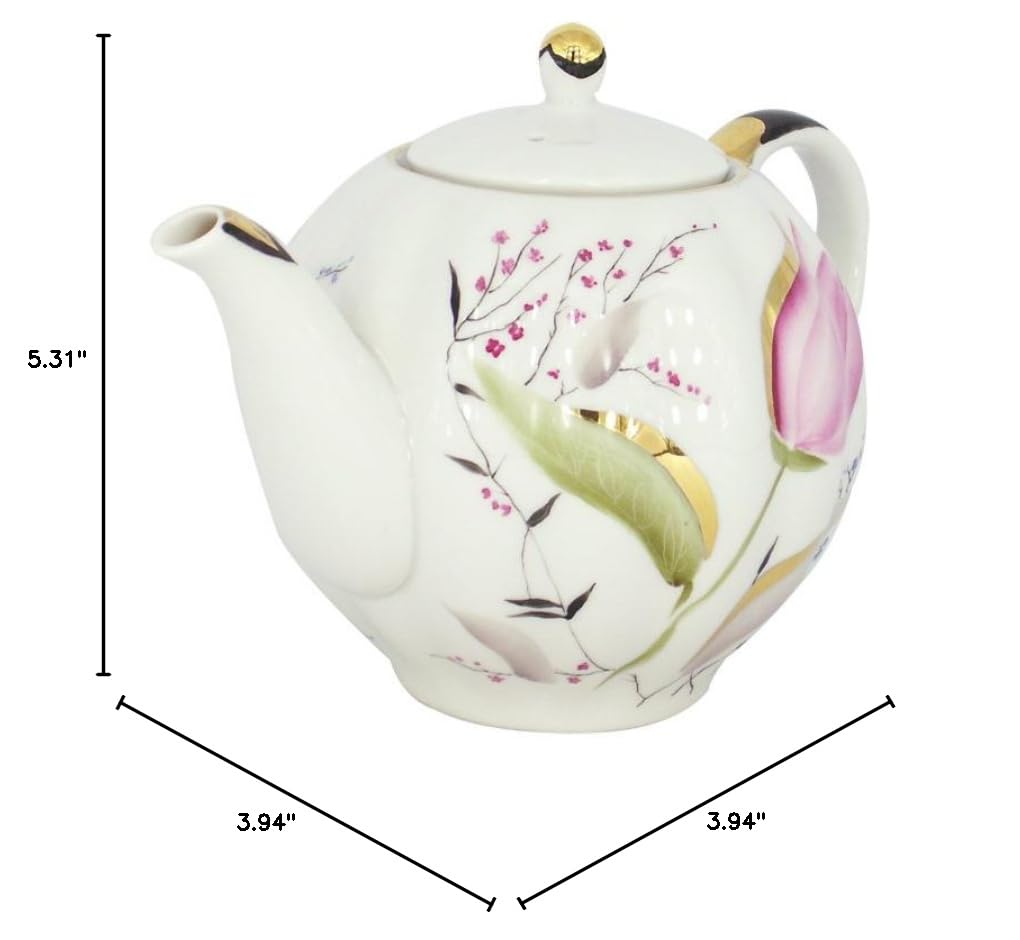 Lomonosov Porcelain Teapot with Pink Tulip Design - 3 Cup (20 oz / 600 ml) Capacity - Elegant Russian Tea Set for Afternoon Tea, Gifts & Home Decor