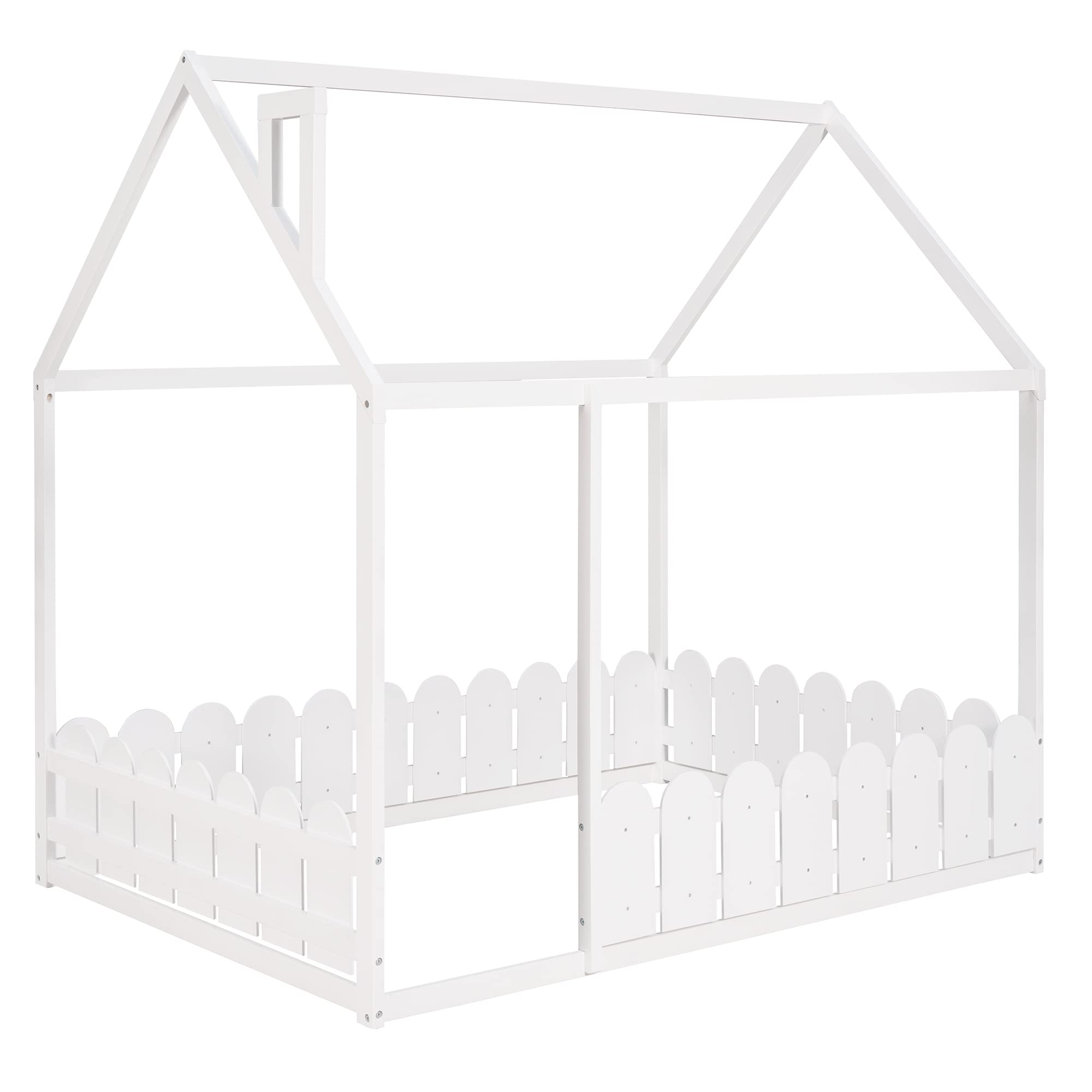 LZ LEISURE ZONE Full Size Wooden House Bed Frame with Roof & Fence - White - Kids Playhouse Bed for Bedroom, Nursery or Playroom Decor