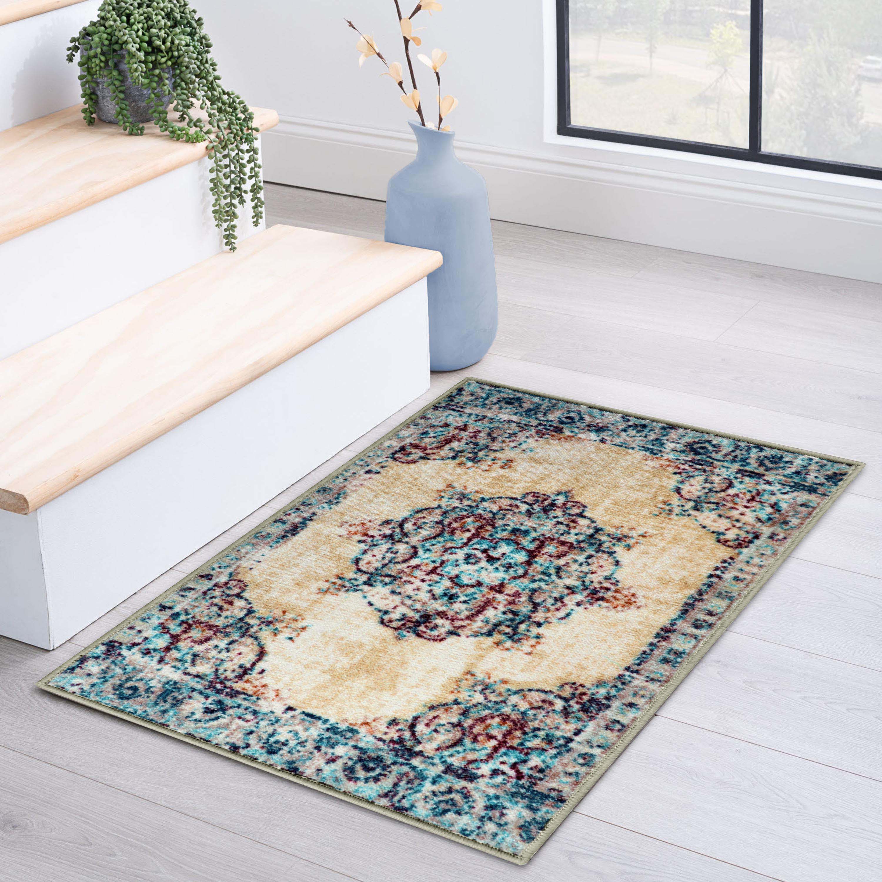 Decklan Non-Slip Floral Medallion Indoor Area Rug & Runner - Soft Anti-Skid Living Room Carpet for Bedroom, Hallway, and Entryway Decor