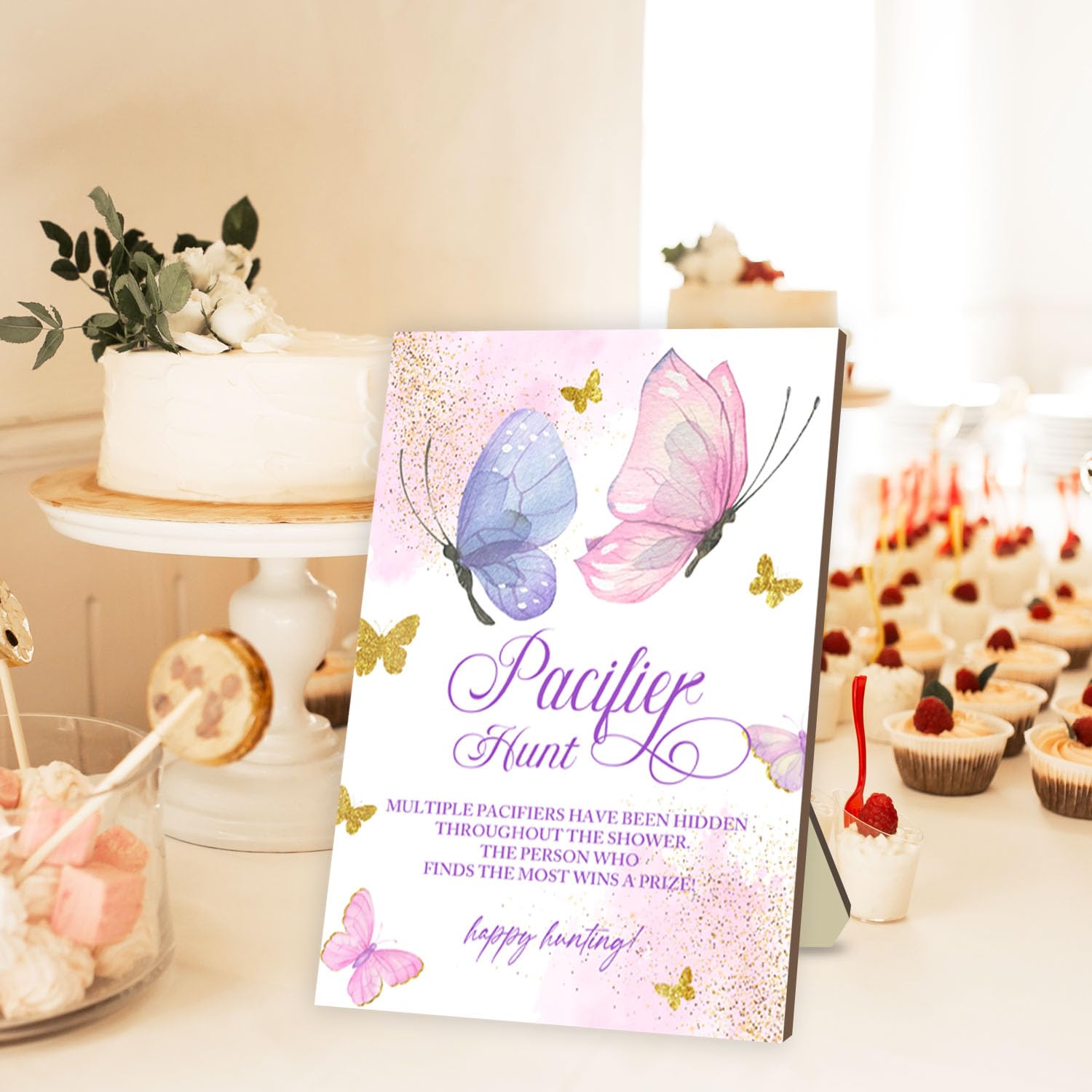 Baby Shower Pacifier Hunt Game Set - 50 Pink Acrylic Pacifiers with Fantasy Butterfly Design for Gender Reveal & Baby Shower Party Games - Perfect for Indoor/Outdoor Baby Celebrations & Nursery Decor