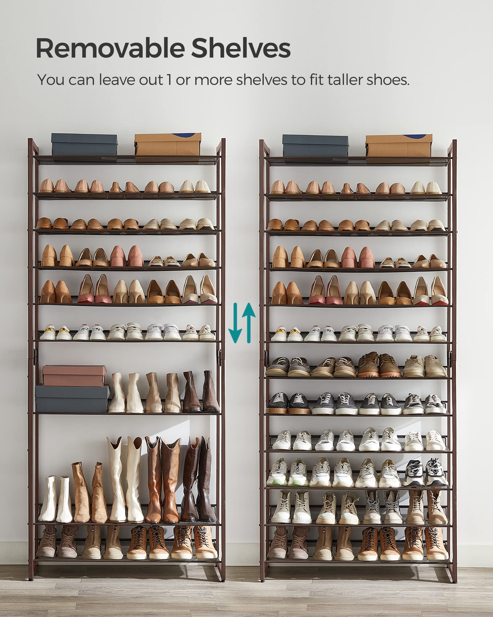 SONGMICS 12-Tier Metal Shoe Rack Organizer - Stackable Shoe Storage Shelf for Entryway, Closet & Garage - Adjustable Shelves Holds 48+ Pairs - Bronze (ULMR12A) | Perfect for Small Spaces, Apartment Organization & Shoe Lovers Collection