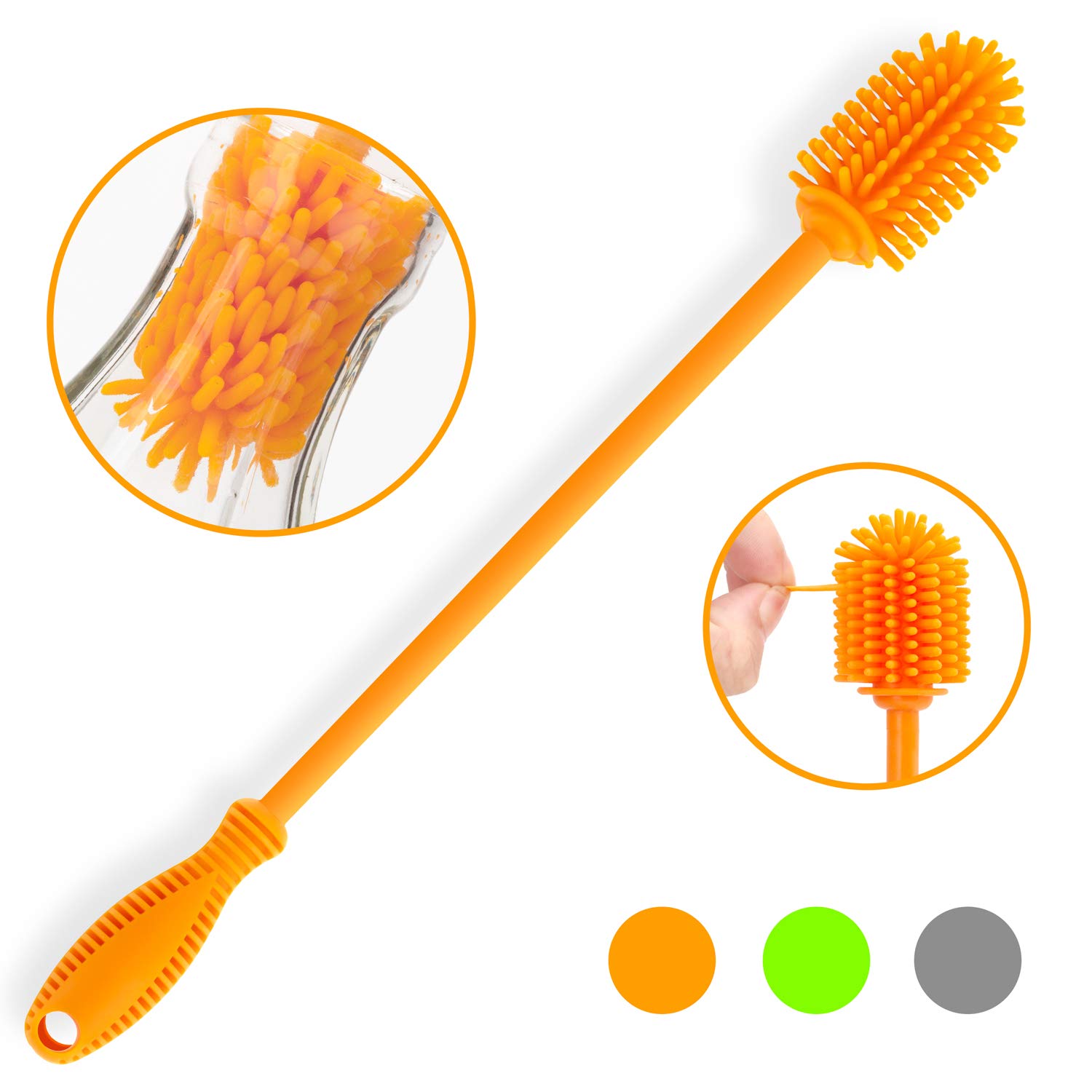 Long Handle Silicone Bottle Brush - Clean Baby, Hydro Flask & Sports Bottles Easily for Home & Travel