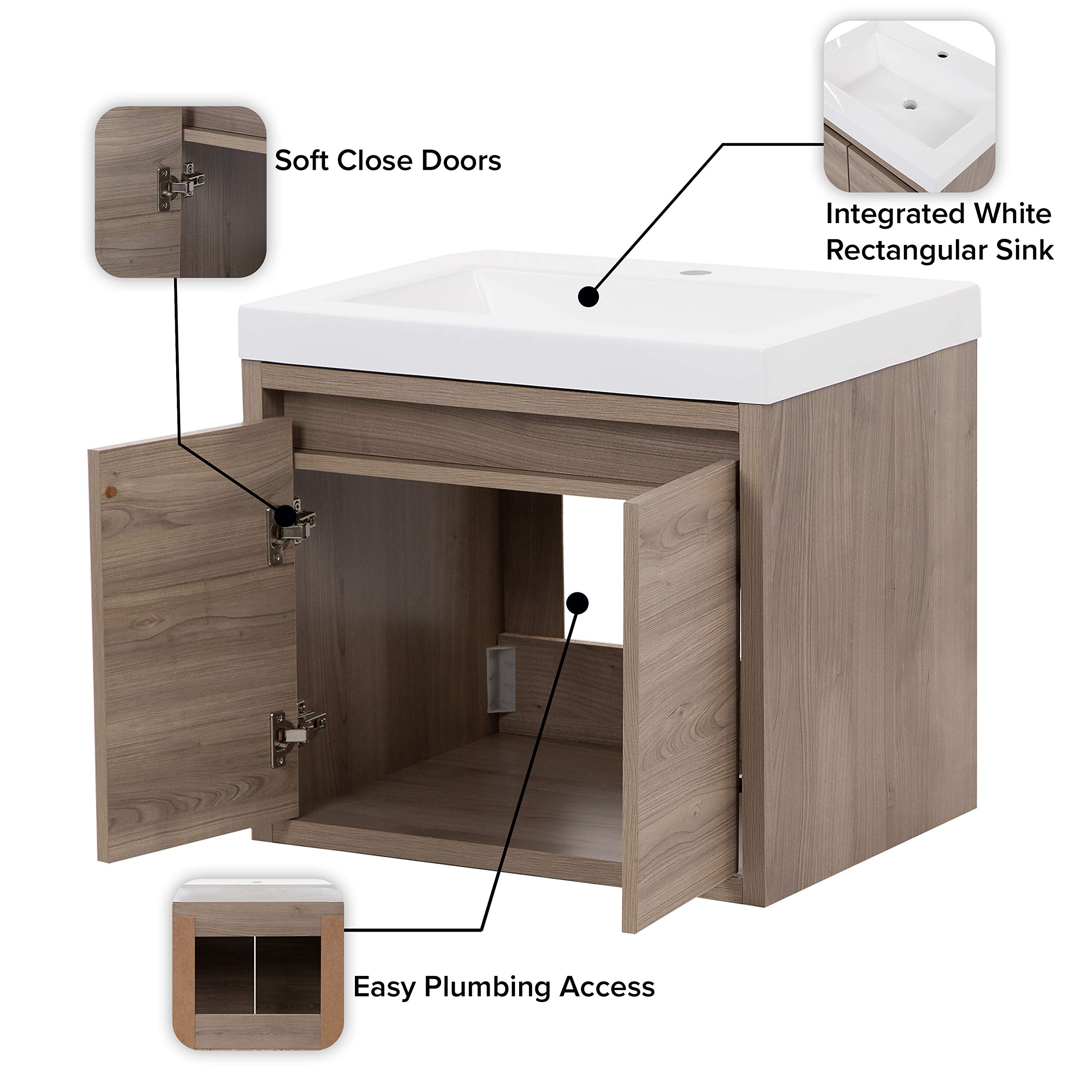 Kelby 24 Inch Modern Floating Bathroom Vanity - White Single Sink Top with 2-Door Cabinet, Forest Elm Finish (24.5