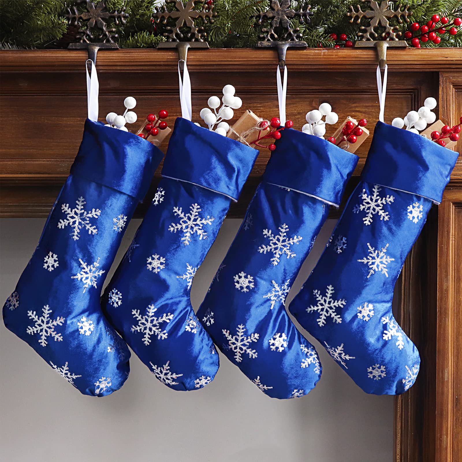 4-Pack 18 Inch Blue Mercerized Velvet Christmas Stockings with Silver Sequin Snowflake Design - Holiday Decor for Family, Xmas Party & Fireplace Mantel Decorations