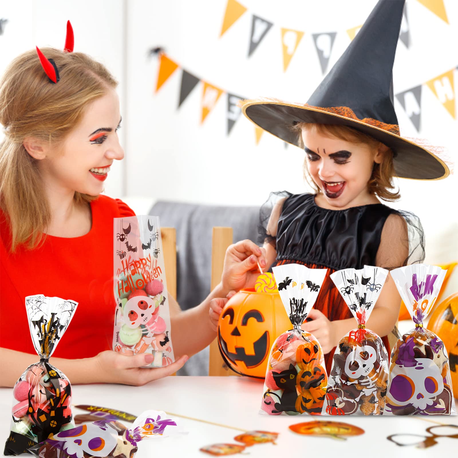 180 Pack Halloween Cellophane Treat Bags - Clear Plastic Goodie Candy Bags for Kids Party Favors with 210 Twist Ties | Bulk Snack Bags for Trick-or-Treat, Classroom Treats & Halloween Party Supplies