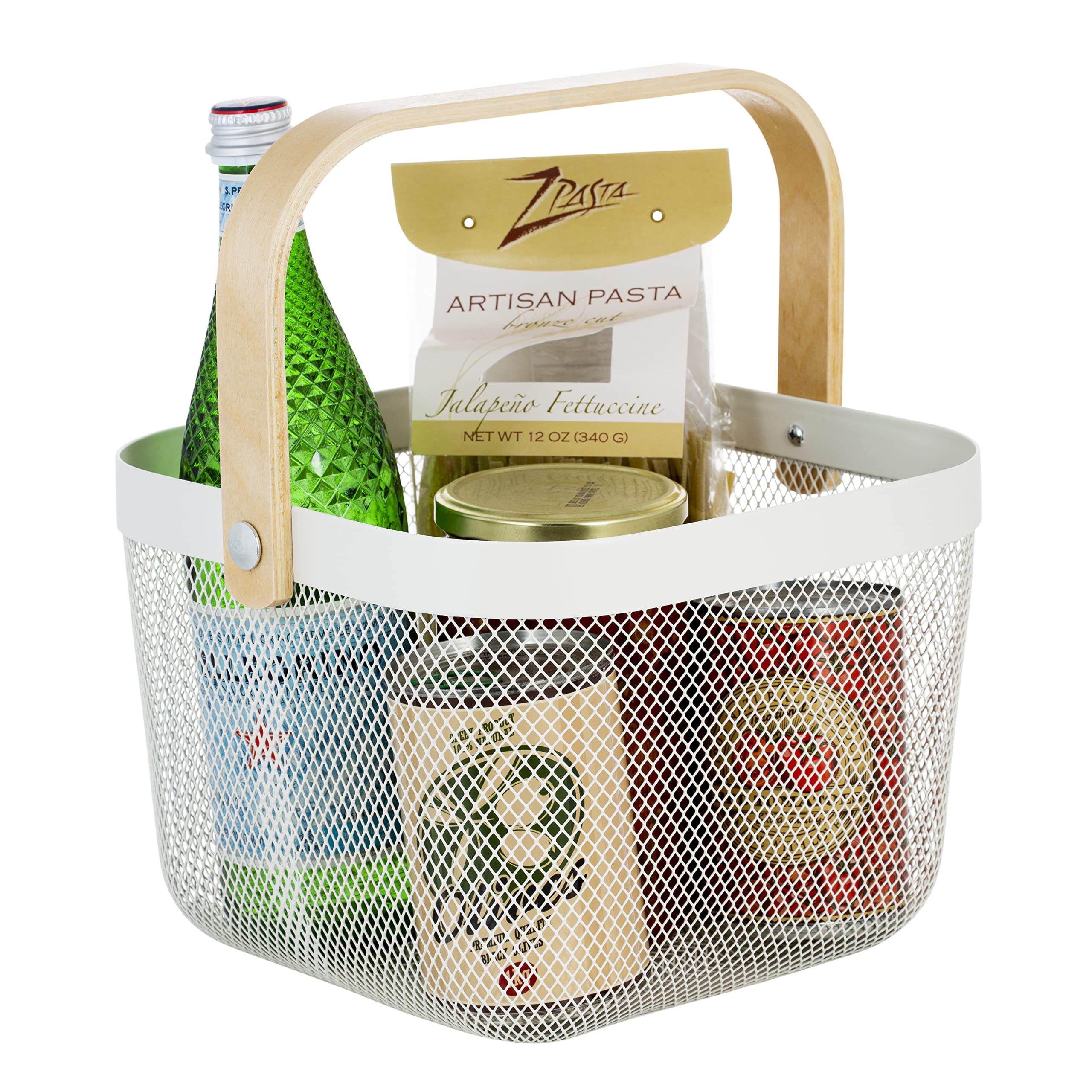 White Bamboo Handle Multi-Purpose Shower Caddy - Durable Grocery Basket for Bathroom, Kitchen & Shopping | Perfect for Organizing Toiletries, Produce & Household Items