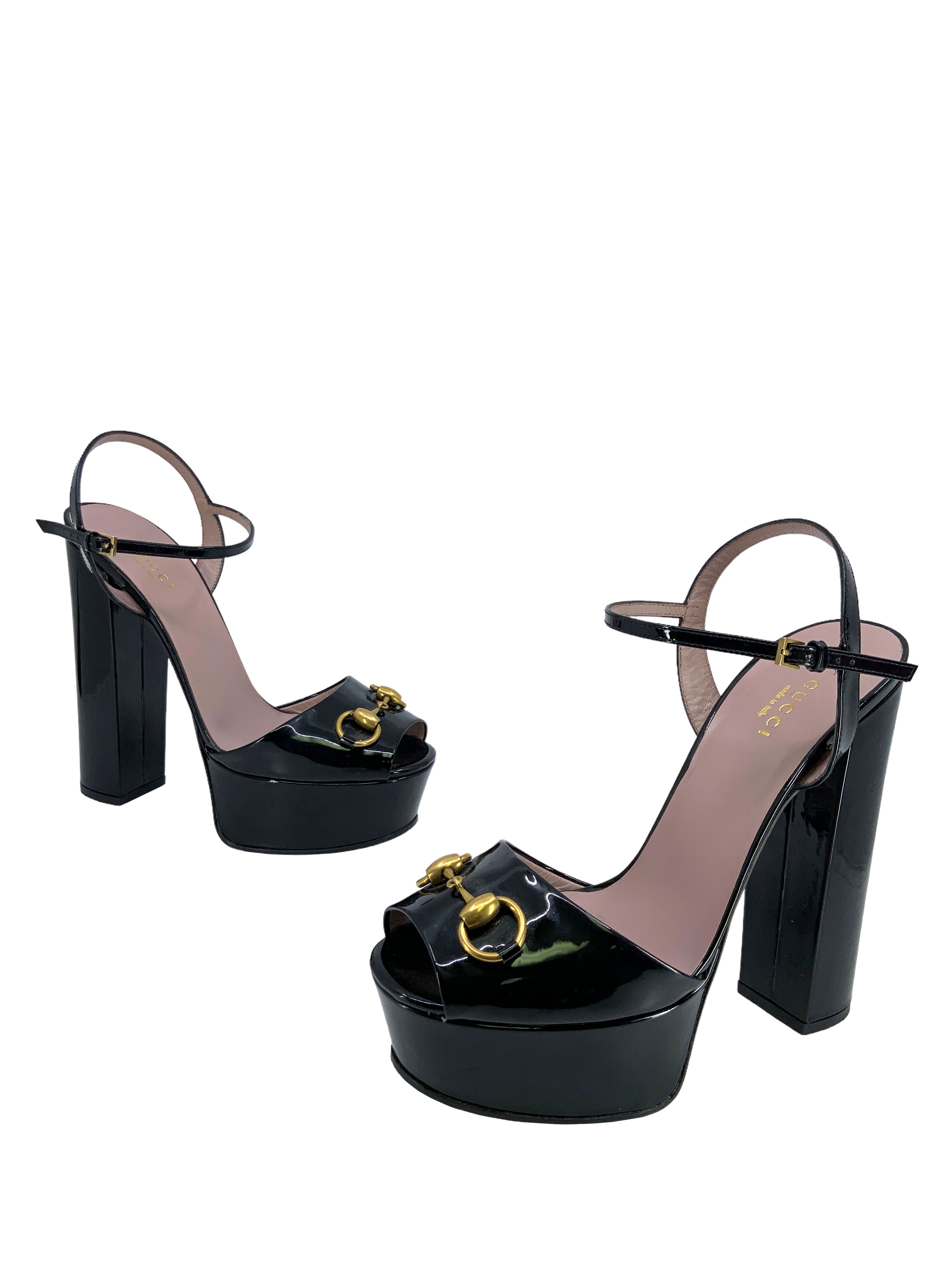GUCCI Claudie Patent Leather Platform Horsebit Sandals for Women - Size 8 | Luxury Designer Shoes for Summer, Weddings & Special Occasions