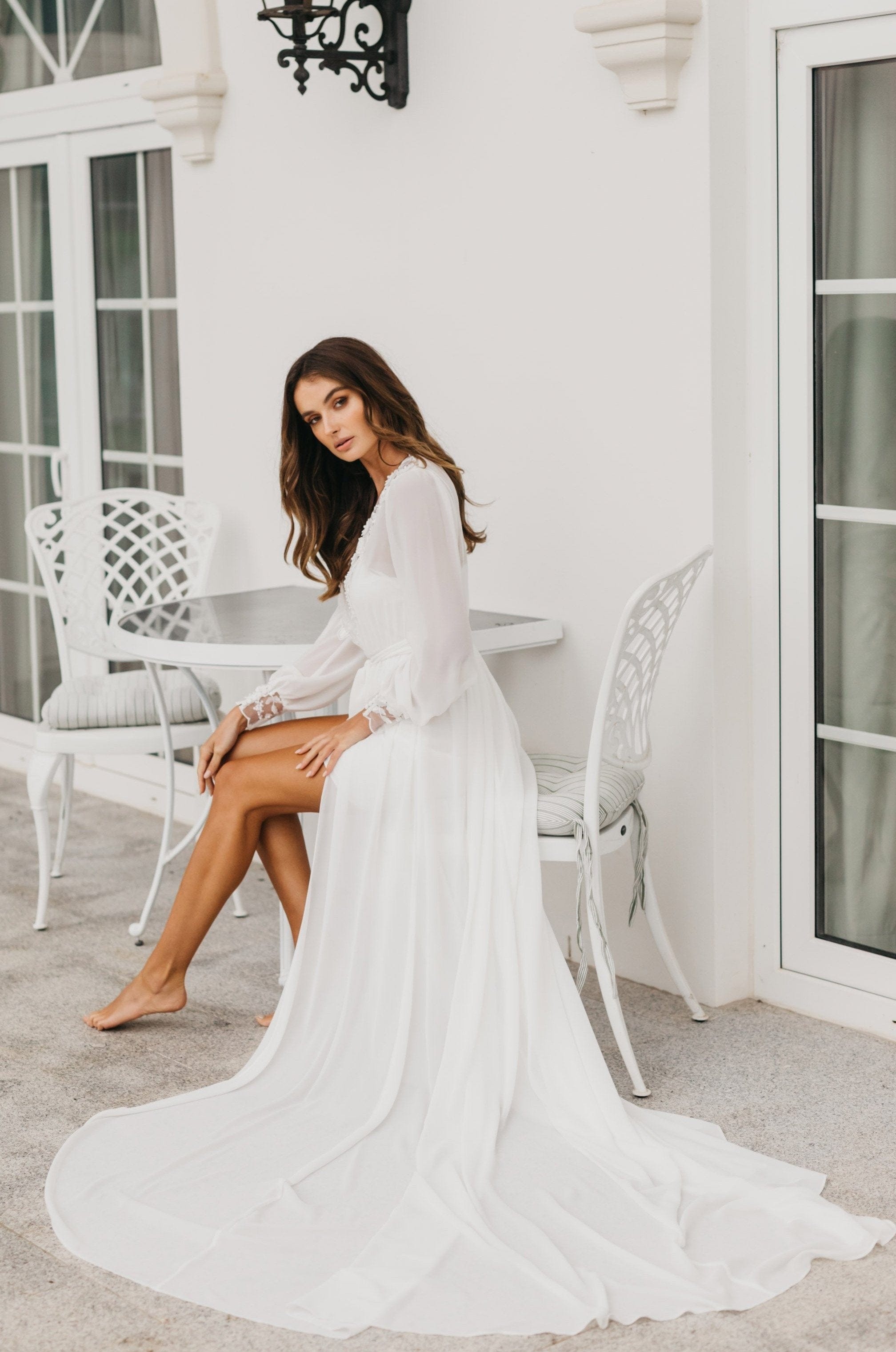 Arianna Beaded Floral Lace Maxi Bridal Robe with Train & Slip - Elegant Wedding Gown for Bridal Shower, Photoshoot & Reception - Perfect for Bride, Bridesmaids & Special Occasions
