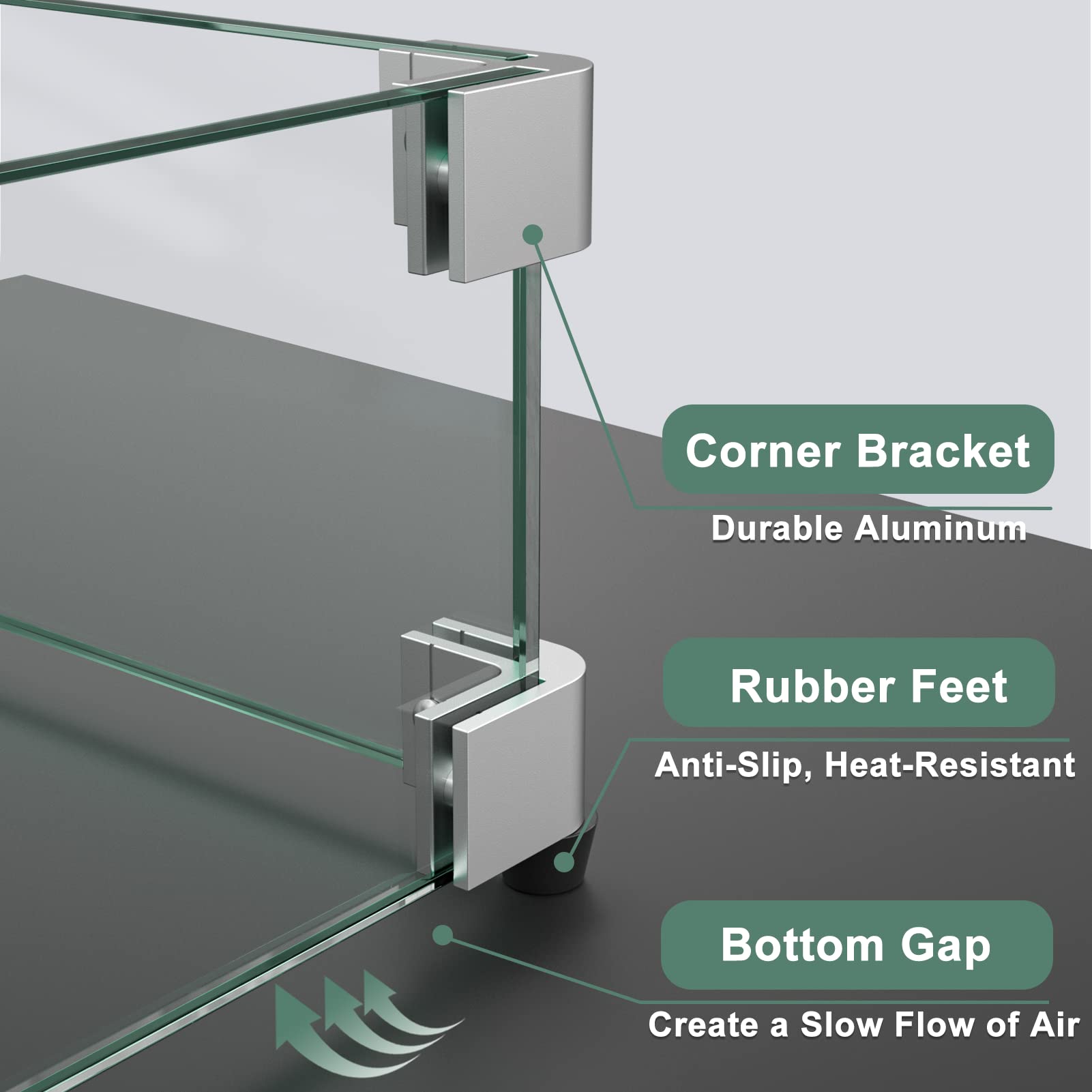 GASPRO 35.5 x 15.5 Inch Tempered Glass Wind Guard for Rectangular Fire Pit Table - Heavy Duty Aluminum Corner Bracket & Non-Slip Rubber Feet - Easy Assembly for Outdoor Patio, Backyard, and Camping Use