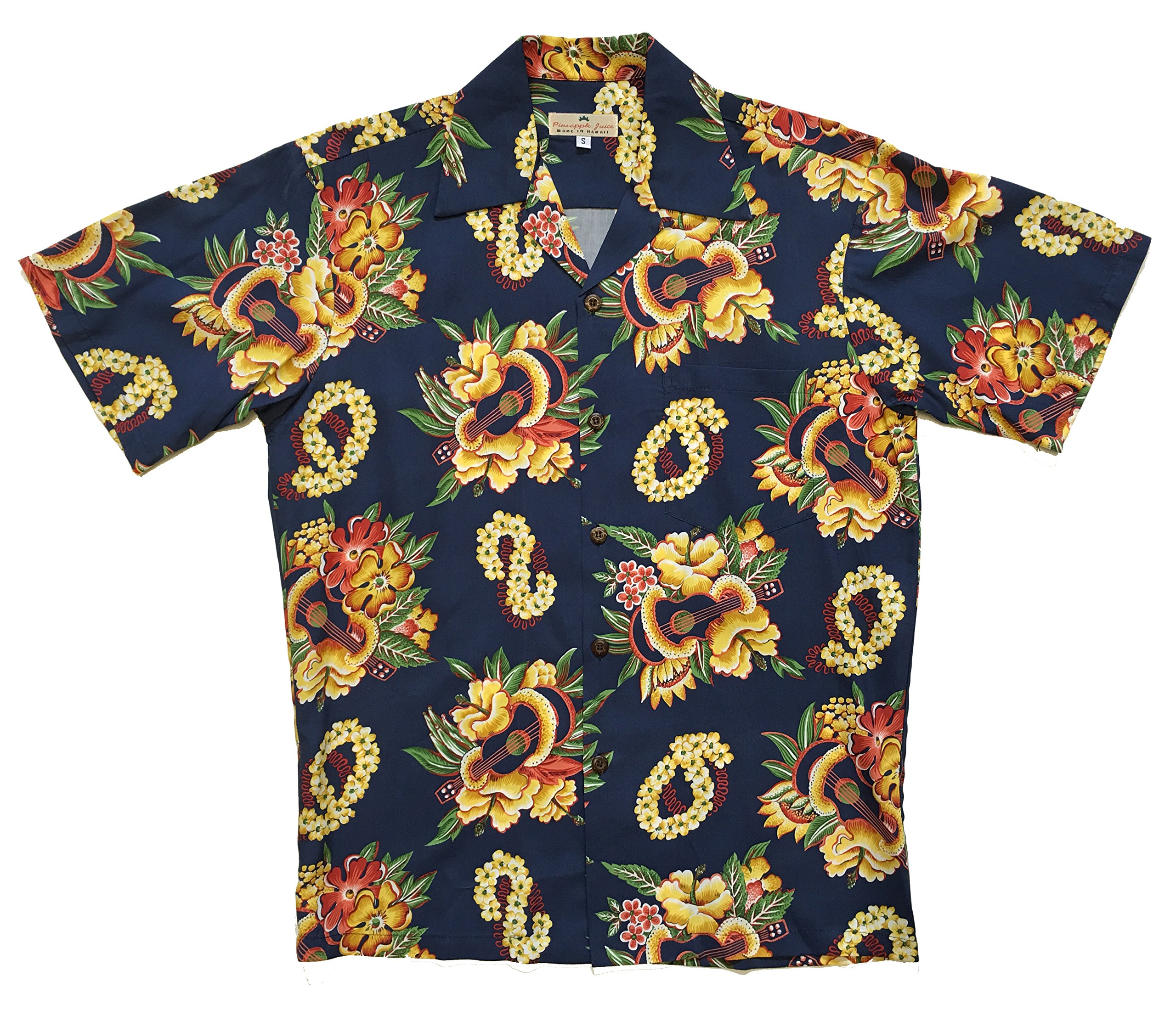 Pineapple Juice Men's Hawaiian Shirt with Ukulele Lei Print - Perfect for Luau Parties, Beach Vacations & Summer Fashion