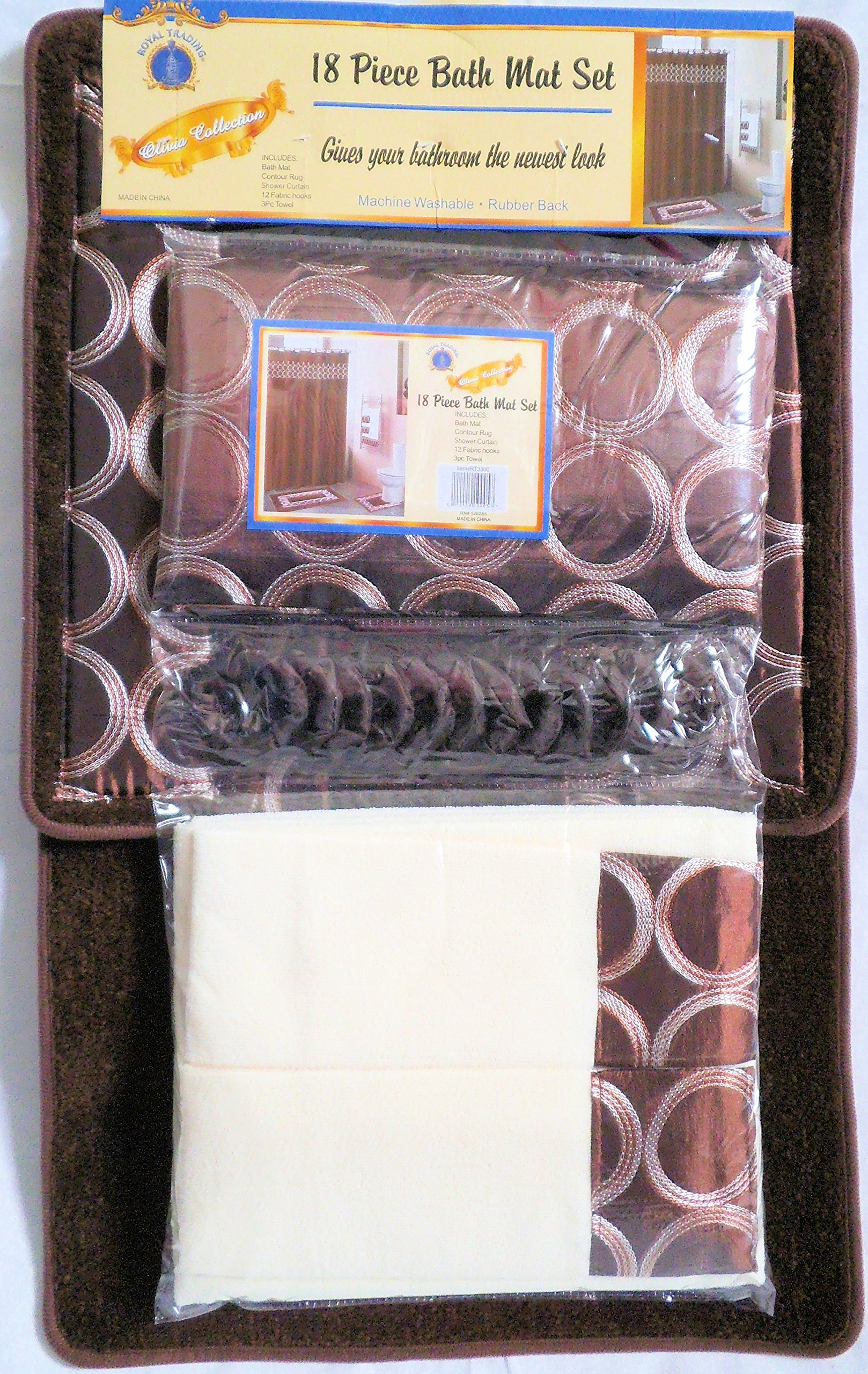18-Piece Brown Banded Bathroom Set - Bath Mat, Contour Mat, Shower Curtain, 3-Piece Towel Set & 12 Shower Rings | Luxury Spa-Style Bath Accessories for Master Bath & Guest Bathroom Decor