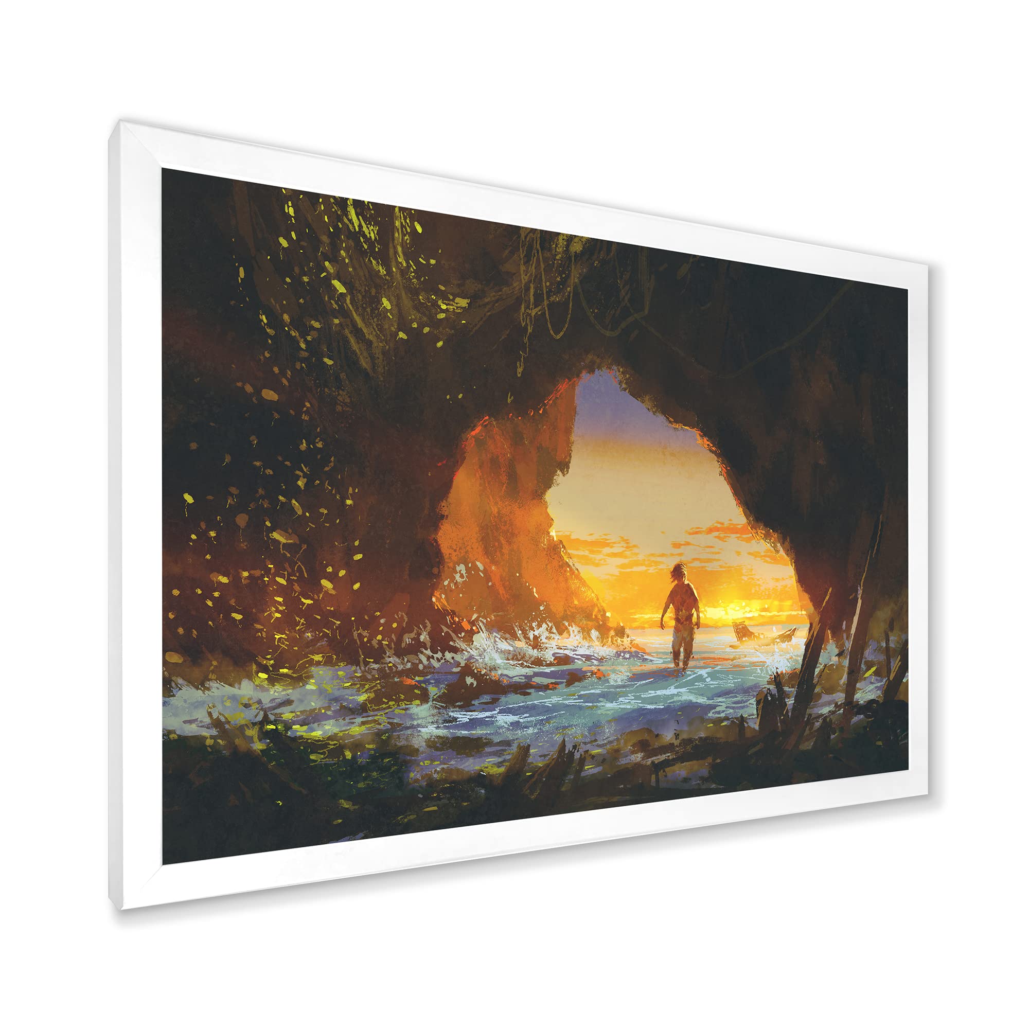 DesignQ Sunset Sea Cave Walking Man Framed Wall Art - Coastal & Nautical Decor for Living Room, Bedroom, or Office