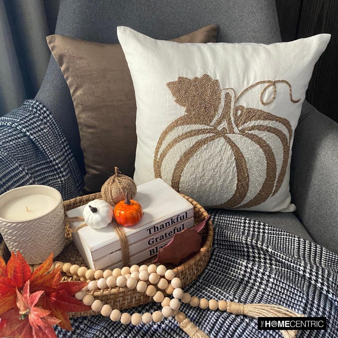 Bejeweled Gold Linen Modern Pumpkin Decorative Throw Pillow Cover - Fall Home Decor, Thanksgiving & Halloween Cushion Case for Sofa, Bed, Dorm